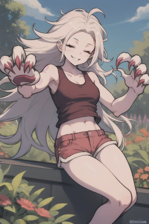 masterpiece, best quality, trance tina, very long hair, body fur, claws, pink skin, white tank top, red shorts, looking at viewer, smile, closed eyes, garden 