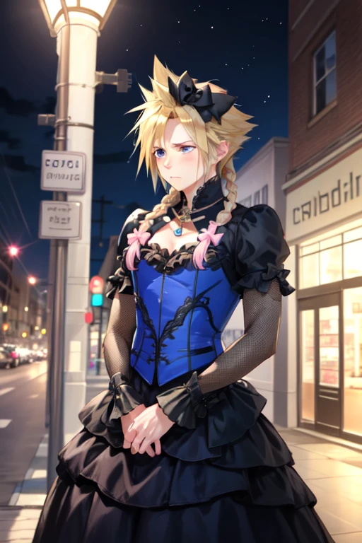 masterpiece, best quality, cloud strife, crossdressing, twin braids, male focus, frilled dress, hair bow, (blush), embarrassed, avoiding eye contact, city street, night