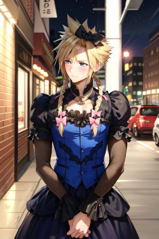masterpiece, best quality, cloud strife, crossdressing, twin braids, male focus, frilled dress, hair bow, (blush), embarrassed, avoiding eye contact, city street, night