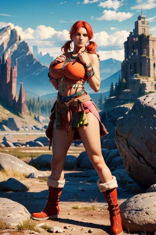 (ultra realistic,32k, masterpiece:1.2),(high detailed skin:1.1),( high quality:1.1),
(upset:1.1), green eyes,pigtails,red hair, necklace, bracelets, pink crop top, orange skirt, belt, clothes around waist, fur-trim boots, rocky mountain wasteland,long round high tower, (huge, big giant rock tower:1.2) in background, blurry background,,fighting stance, (huge breast,large breast:1.1),(radiant:1.1),