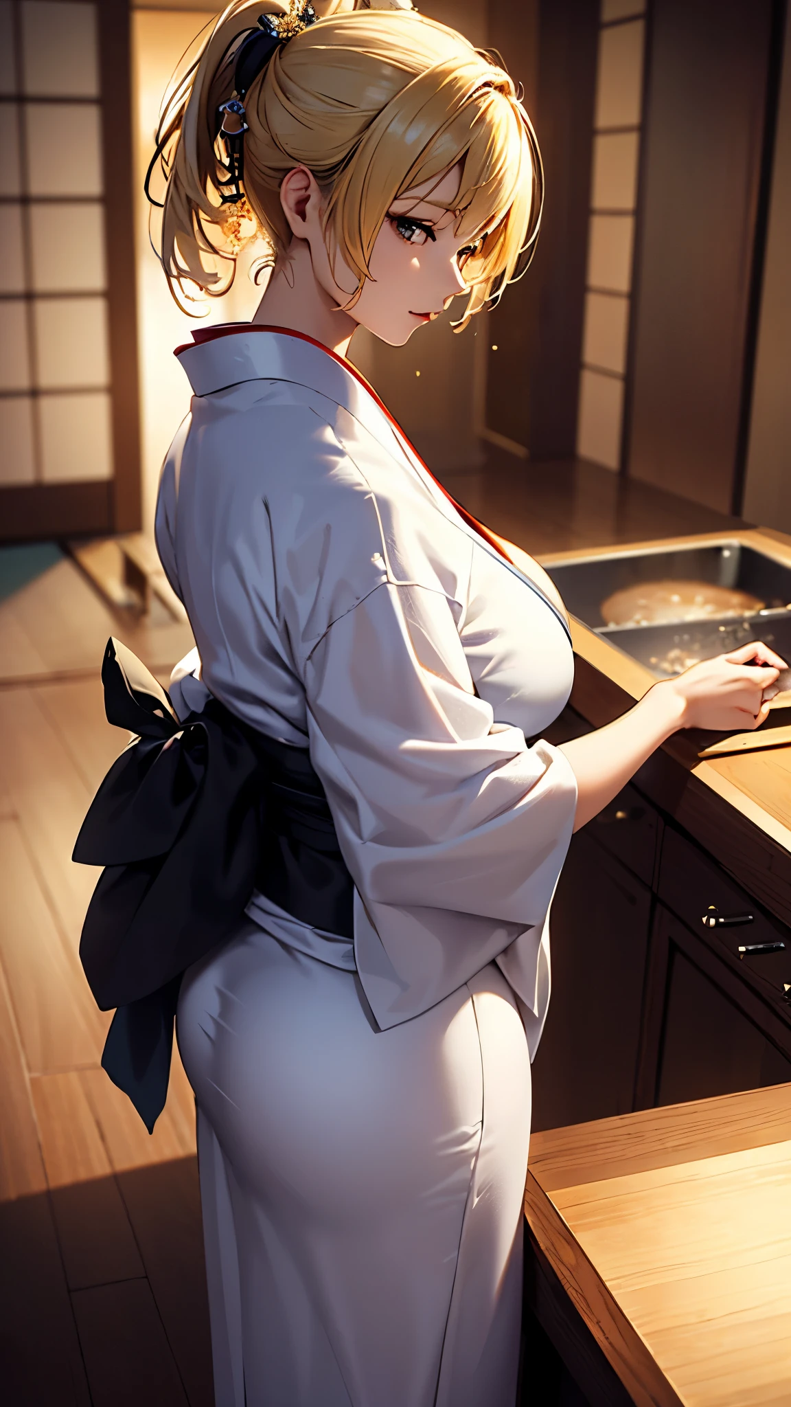 masterpiece, high quality, 4K, Beautiful design, silhouette，blonde， Very detailed，japanese house， wonderful, Finer details,  Very knowledgeable woman, Very detailedなソロ, 1 female,Big Breasts，Butt，Underwear Line，Yukata in white color，cooking，