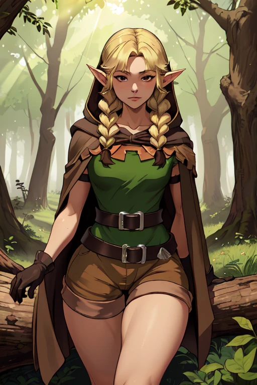 (masterpiece,best quality,absurdres,beautiful,sharp,detailed),outside,forest,dappled sunlight,1girl,dcElf,small breasts,twin braids, hood, brown cloak, green tunic, gloves, belt, brown shorts,blonde hair,pointy ears,thick thighs:1.3 