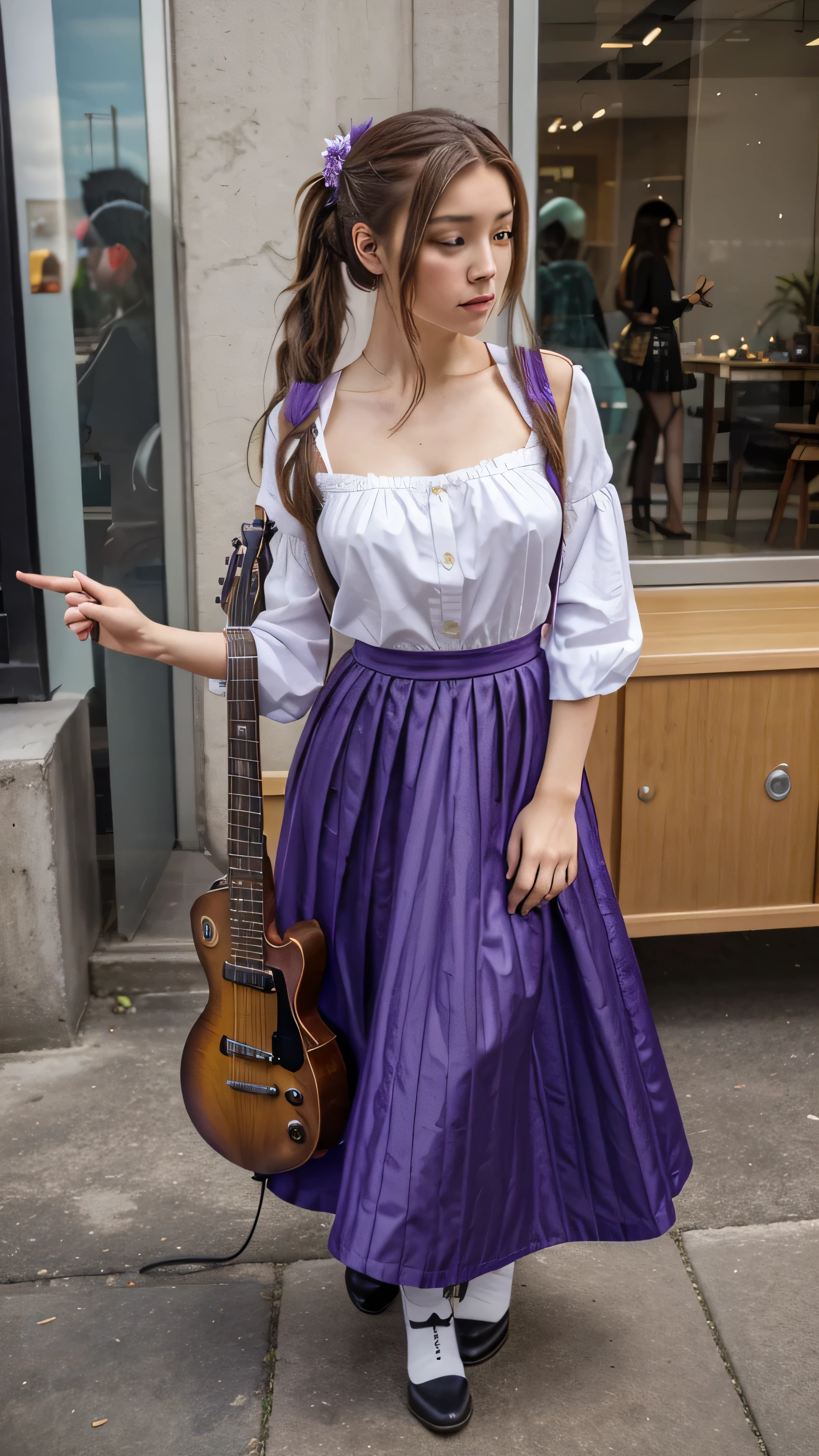 ((masterpiece, best quality))1girl, solo, fashion purple dress modern future, electric guitar, headphones, ponytail, holding, holding plectrum, instrument, very very long brown hair rapunzel, music, one side up, teal hair, twin tails, playing guiter, pleated long skirt fashion, fashion dress modern purple and white, interior, full body, purple, sit down in retro classic chair, walking, jumping, beautiful boot modern, background japan city, fashion costume cosplay japan modern