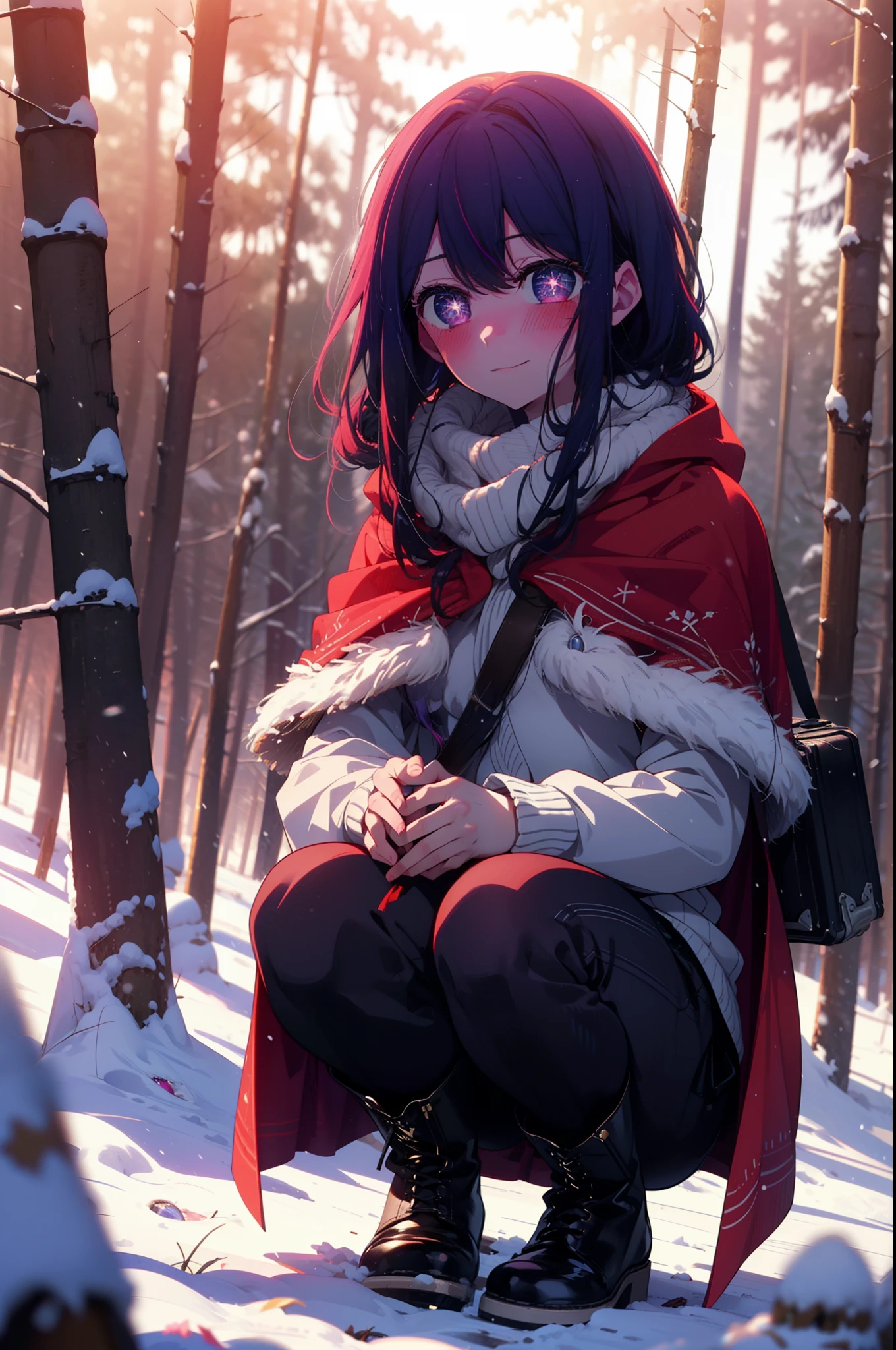 aihoshino, Ai Hoshino, Long Hair, bangs, (Purple eyes:1.1), Purple Hair, (Symbol-shaped pupil:1.5), smile,,smile,blush,White Breath,
Open your mouth,snow,Ground bonfire, Outdoor, boots, snowing, From the side, wood, suitcase, Cape, Blurred, , forest, White handbag, nature,  Squat, Mouth closed, Cape, winter, Written boundary depth, Black shoes, red Cape break looking at viewer, Upper Body, whole body, break Outdoor, forest, nature, break (masterpiece:1.2), highest quality, High resolution, unity 8k wallpaper, (shape:0.8), (Beautiful and beautiful eyes:1.6), Highly detailed face, Perfect lighting, Highly detailed CG, (Perfect hands, Perfect Anatomy),