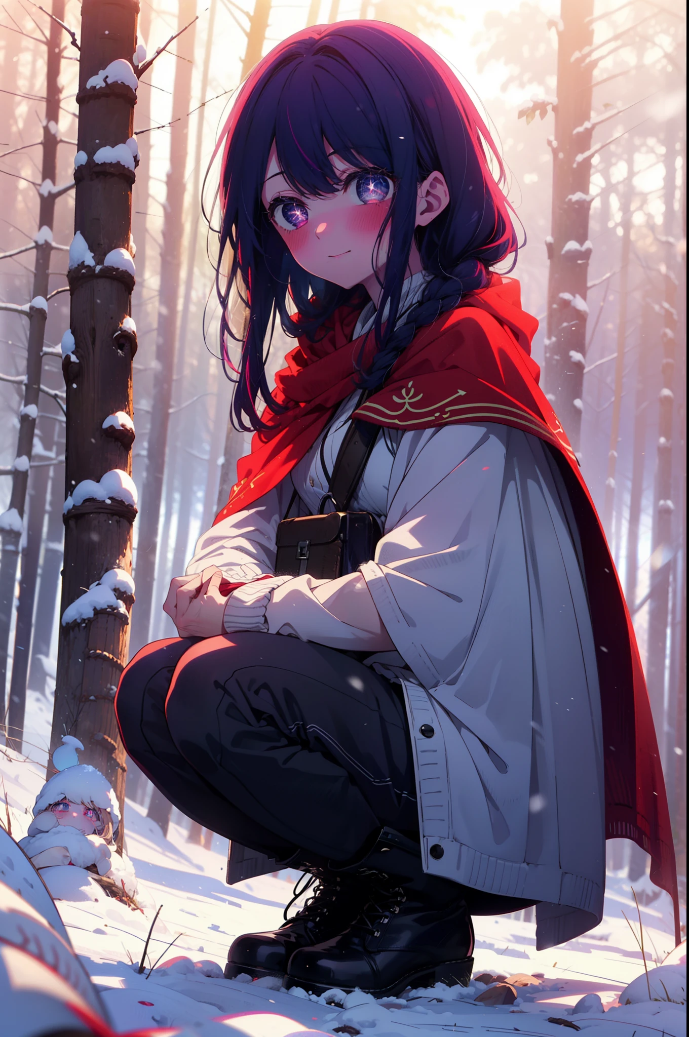 aihoshino, Ai Hoshino, Long Hair, bangs, (Purple eyes:1.1), Purple Hair, (Symbol-shaped pupil:1.5), smile,,smile,blush,White Breath,
Open your mouth,snow,Ground bonfire, Outdoor, boots, snowing, From the side, wood, suitcase, Cape, Blurred, , forest, White handbag, nature, Squat, Mouth closed, Cape, winter, Written boundary depth, Black shoes, red Cape break looking at viewer, Upper Body, whole body, break Outdoor, forest, nature, break (masterpiece:1.2), highest quality, High resolution, unity 8k wallpaper, (shape:0.8), (Beautiful and beautiful eyes:1.6), Highly detailed face, Perfect lighting, Highly detailed CG, (Perfect hands, Perfect Anatomy),