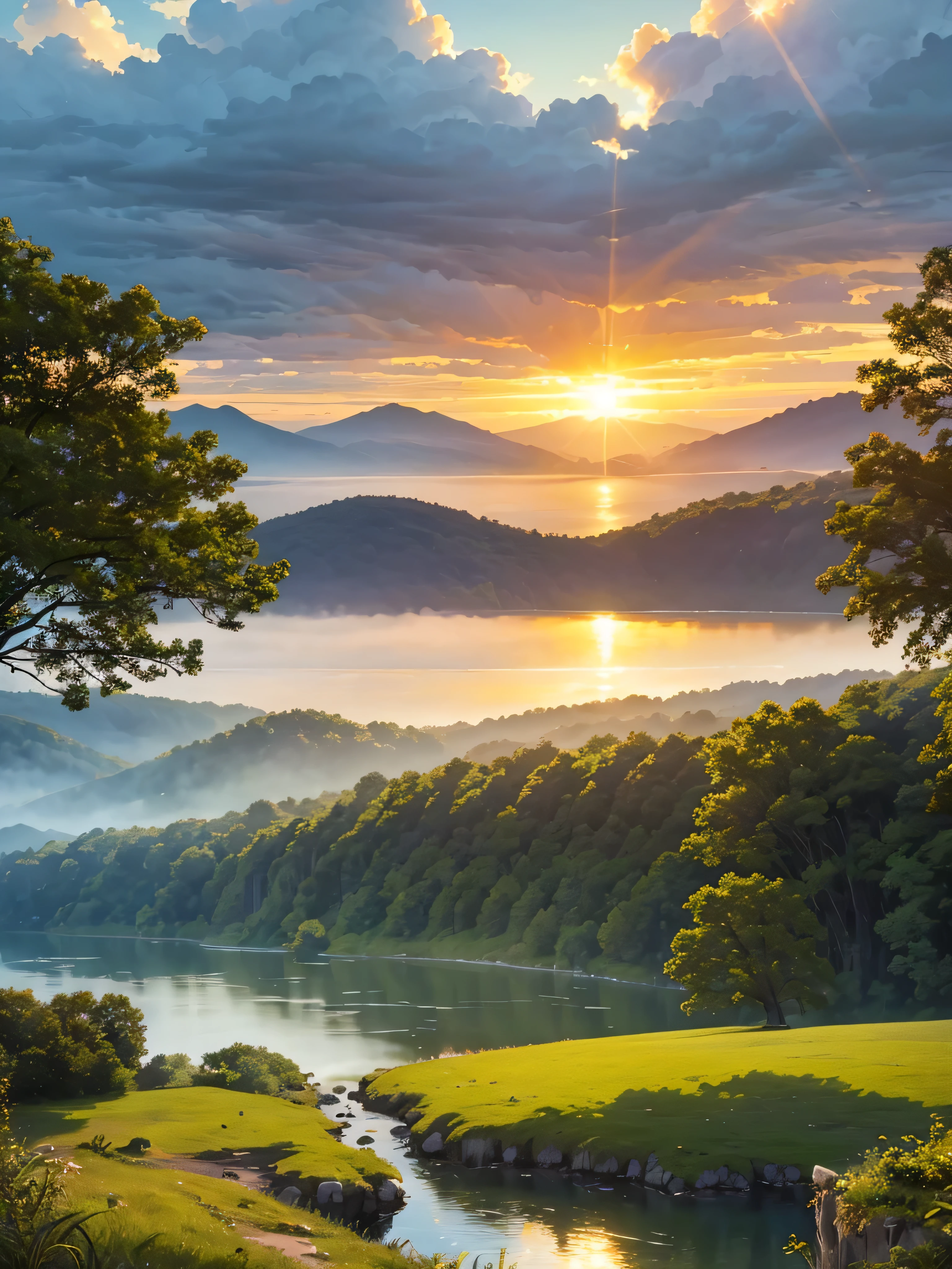 a beautiful sunrise over a serene lake, dramatic clouds, sun rays, fog, lush green trees, detailed landscape, golden hour, dramatic lighting, vibrant colors, realistic, photorealistic, 8k, best quality, highly detailed, intricate details, cinematic, epic scale, stunning scenery, breathtaking, masterpiece