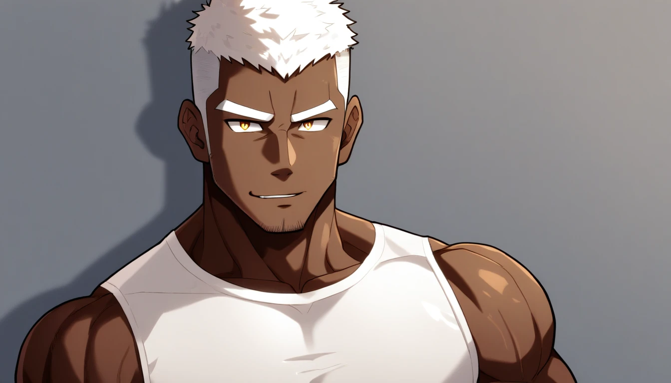 anime characters:Gyee, Fitness coach, negro black skin, 1 muscular tough guy, Manliness, male focus, Cream White Sleeveless Tight T-Shirt, Very tight, The pectoral muscles are oversized, Slightly transparent, muscular male, muscular, only, Upper body, alone, White short hair, Thick eyebrows, stubble, Yellow eyes, Grey background, simple background, amazing quality, best aesthetics, Ridiculous, bright pupils, crew cut, parted lips, seductive smile, torogao, naughty face, drop shadow, best quality