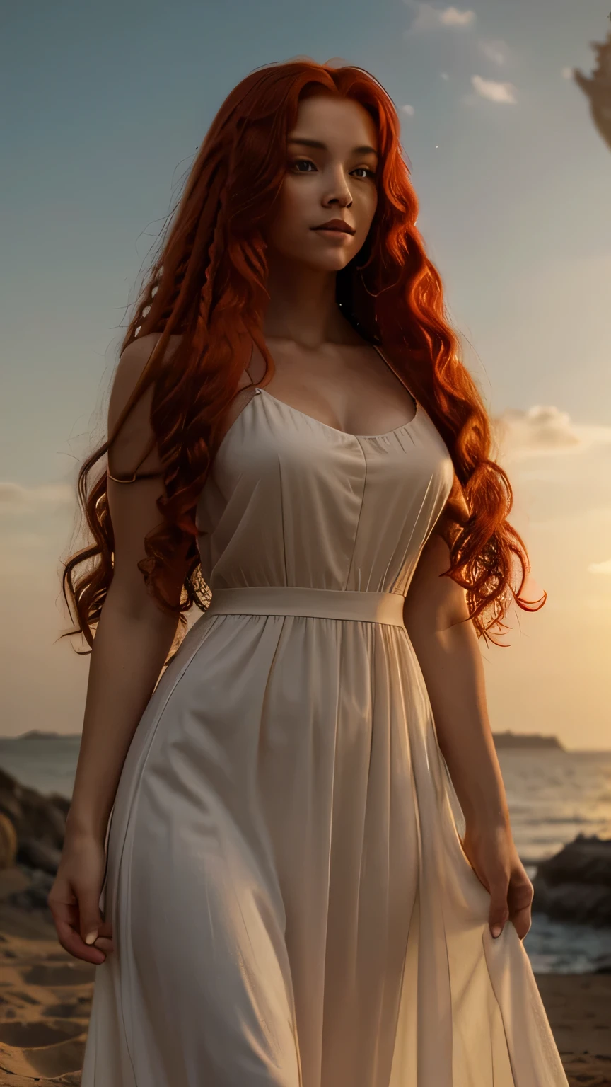 8K, (Best quality), masterpiece, very detailed, (realistic), Young woman, ((long very curly red hair)), light flowing red dress, developing hair on aethra, full length, at dawn