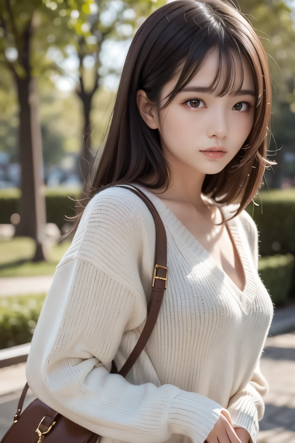 one girl, (a beauty girl, delicate girl:1.3), (************:1.3),
break, (v-neck sweater, white sweater:1.2),
break, very fine eye definition, (symmetrical eyes:1.3),
break, (lush park:1.3), 
break, small breasts, brown eyes, parted bangs, brown hair,  girl,
break, (eyes and faces with detailed:1.0),
break, (masterpiece, best quality, ultra detailed, detailed face, 8k)