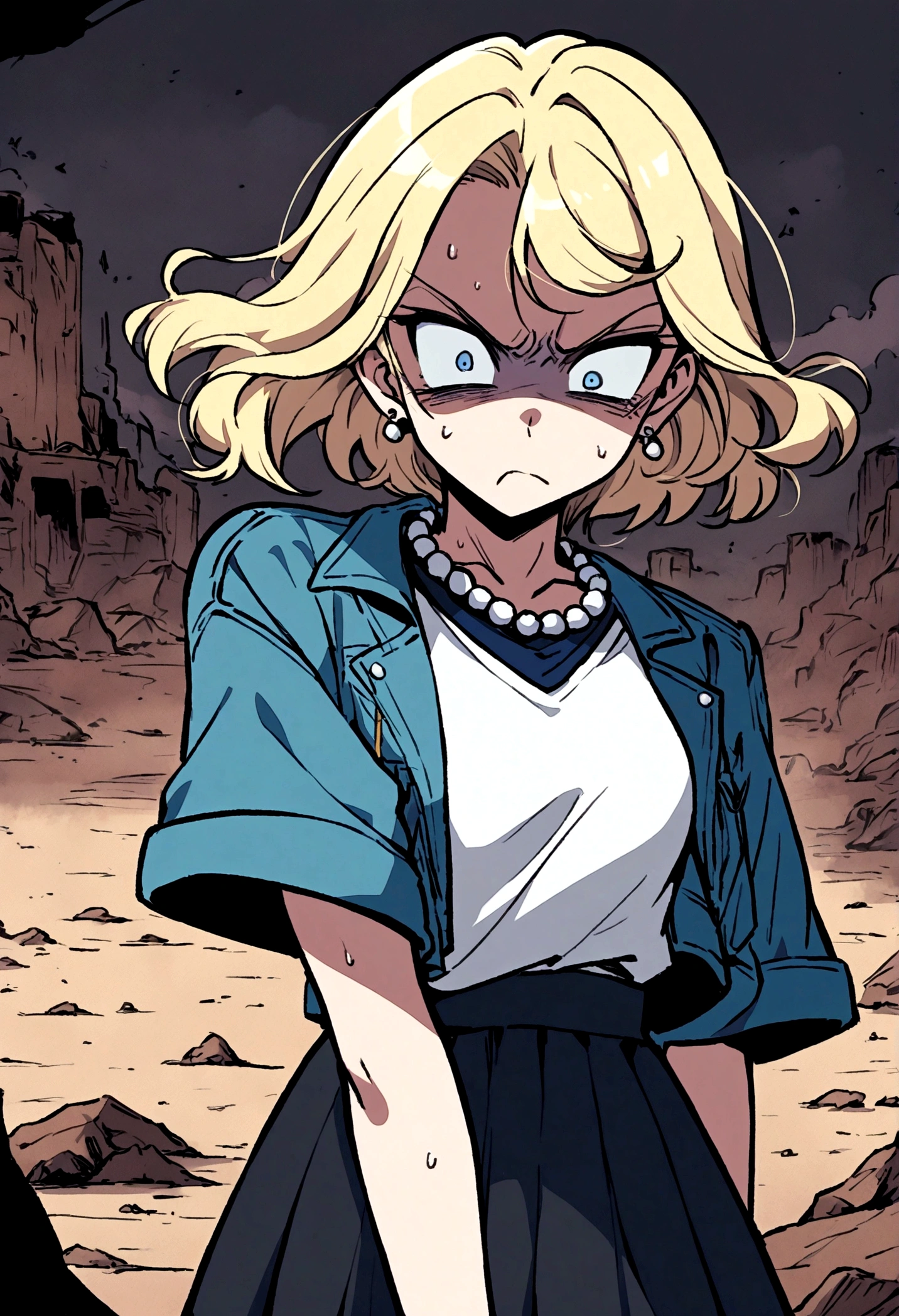 (Best Quality, Masterpiece, Anime Style, Akira Toriyama's Style: 1.1), 1 Girl, Solo, Upper Body, Blonde, Short Hair, Middle Bangs, Blue Eyes, (Contempt, Disgust, Shadowy Face, Looking at the Audience, Frowning), Earrings, Pearl Necklace, White Short Sleeve V-Neck T-Shirt with Blue Denim Cropped Jacket, Black JK Skirt, Over-the-Knee Socks, Wind, Outdoor, Wasteland