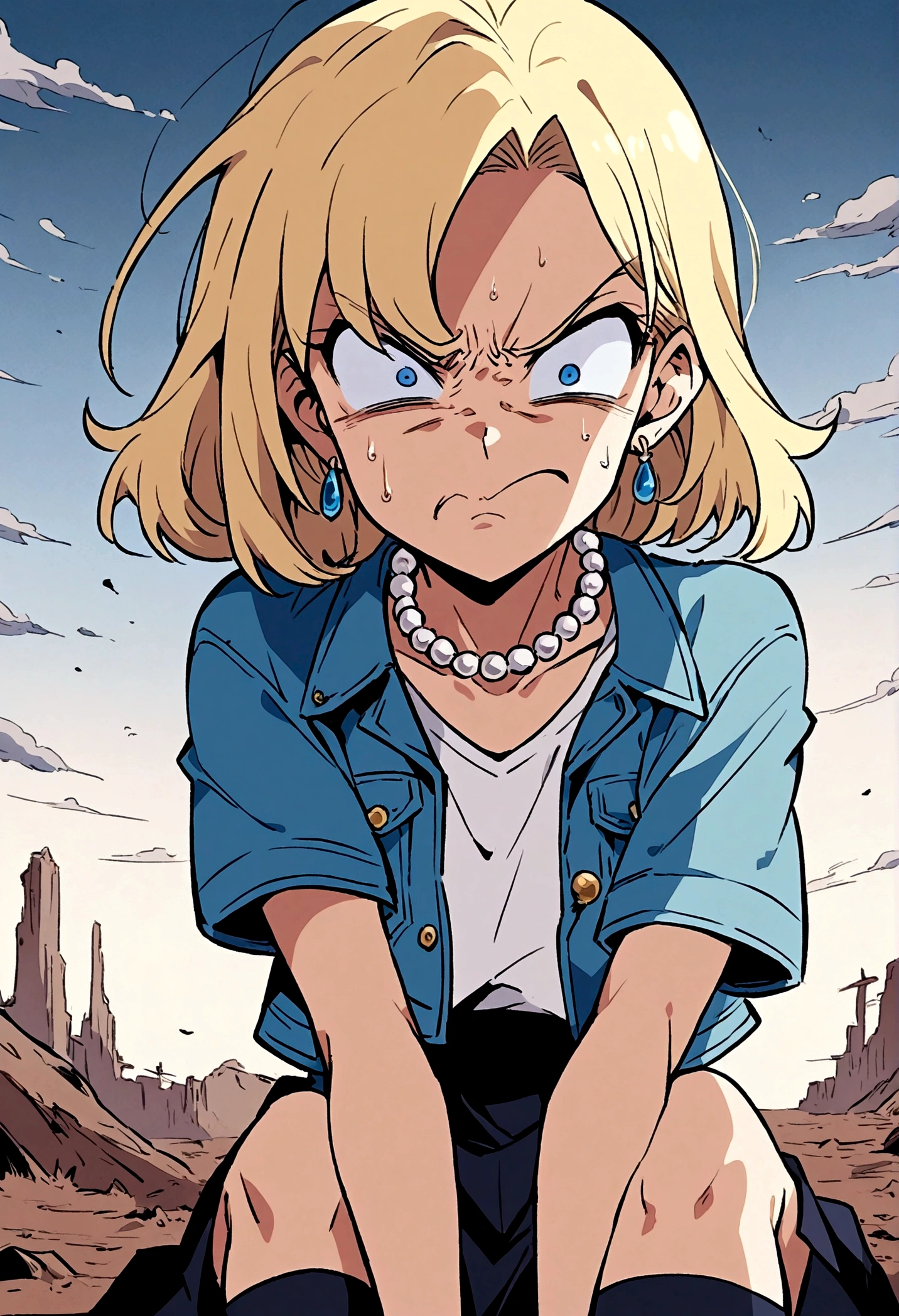 (Best Quality, Masterpiece, Anime Style, Akira Toriyama's Style: 1.1), 1 Girl, Solo, Upper Body, Blonde, Short Hair, Middle Bangs, Blue Eyes, (Contempt, Disgust, Shadowy Face, Looking at the Audience, Frowning), Earrings, Pearl Necklace, White Short Sleeve V-Neck T-Shirt with Blue Denim Cropped Jacket, Black JK Skirt, Over-the-Knee Socks, Wind, Outdoor, Wasteland