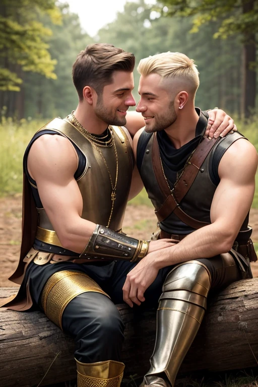 2 men, Photo-realistic. A pleased 24-year-old male, medieval warrior, with shaved blonde hair, stubble, and closed eyes, wearing sleeveless, metal armor, arm around, cuddling, kissing a smiling lovingly, 19-year-old, fit, handsome, medieval man with shaved, brown hair, slight stubble, and closed eyes, wearing sleeveless gray and gold tunic, and tan leather pants. They sit close together on a log, in a wooded field, in front of a campfire, at night. Masculine, sexy, men in love, with big bulging pants.
