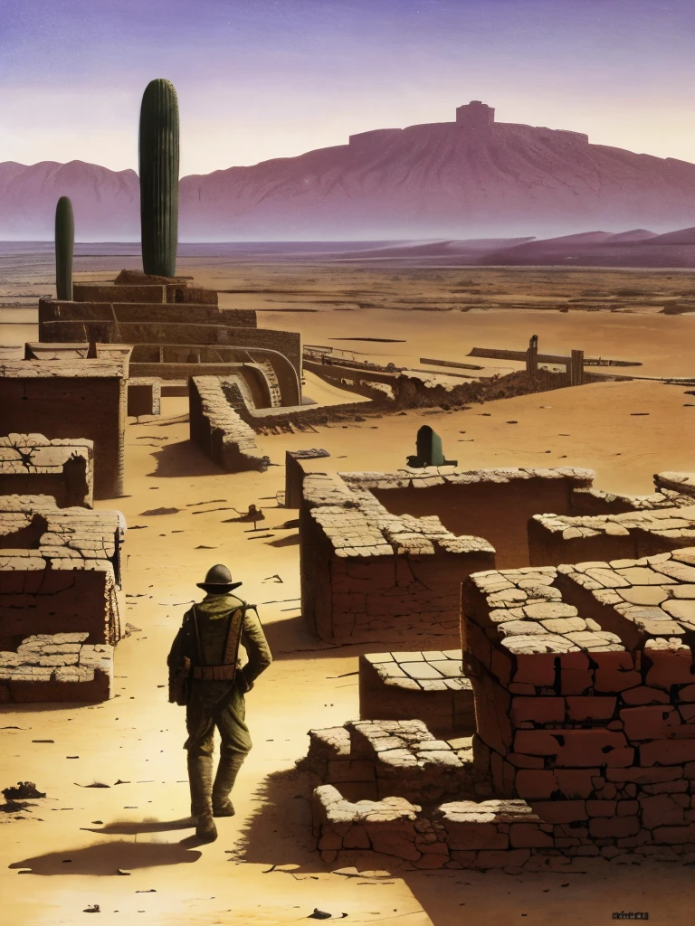 painting of a desert scene with a ruined building and a man walking, michael whelan and gustave done, by Michael Whelan, by Peter Gric, michael whelan art, michael whelan and gustave dore, by Johfra Bosschart, by Alexander Kucharsky, inspired by Michael Whelan, ruins landscape, dan mcpharlin, michael whelan and karol bak, by Raphael Lacoste