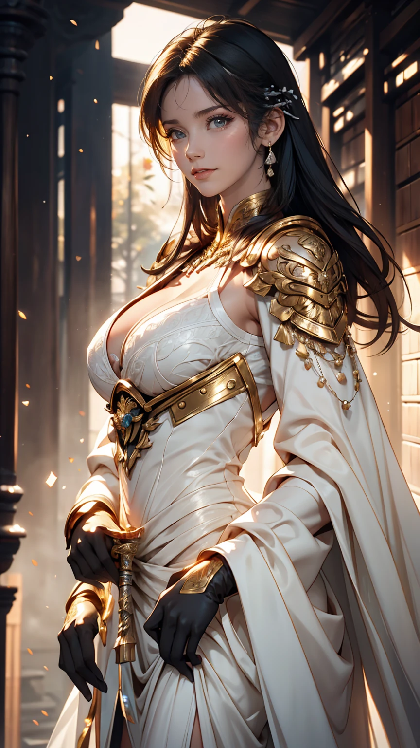 Very beautiful young woman, Subtle makeup, Golden Hour, Realistic, High Contrast, 8K HD, detailed, hyper-detailed, Realistic skin texture, Long black hair, Large Breasts, highest quality, Ultra-high resolution, RAW Photos, Dramatic lighting, Unreal Engine, Diffused glow complex silver airbag, White Emperor's Cape, gun, sword, Rudderless