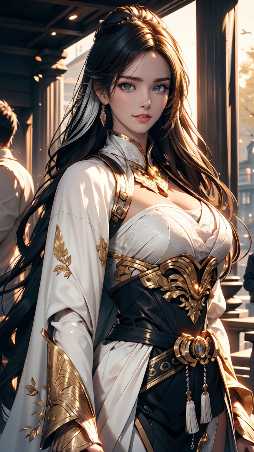 Very beautiful young woman, Subtle makeup, Golden Hour, Realistic, High Contrast, 8K HD, detailed, hyper-detailed, Realistic skin texture, Long black hair, Large Breasts, highest quality, Ultra-high resolution, RAW Photos, Dramatic lighting, Unreal Engine, Diffused glow complex silver airbag, White Emperor's Cape, gun, sword, Rudderless
