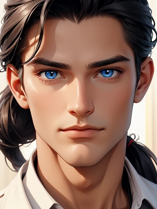 portrait of a handsome man, black hair, blue eyes and white pupils, wearing a black shirt, high res, ultrasharp, 8K, masterpiece, looking at viewer, low long ponytail, 22 years old, milk skin, in the luxery casino