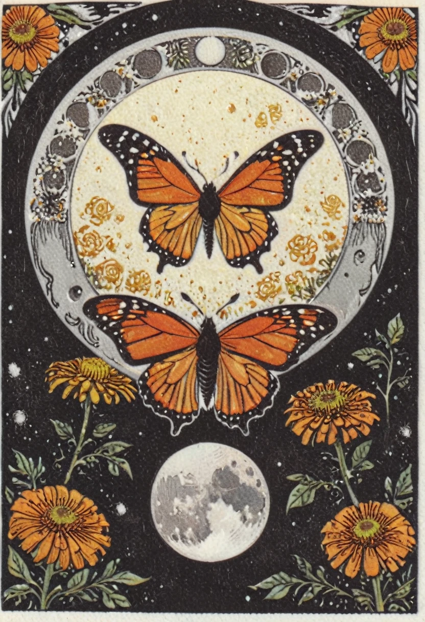 symmetric, balanced, monarch butterfly at the center of the moon surrounded by a frame of zinnia flowers, dark amber and gray colors, ephemeral patterns, witchcore aesthetics, cloisonnism, eleanor vere boyle, Ivan Bilibin Style page, lks73zb1, Inkdrawing, by Kr355e