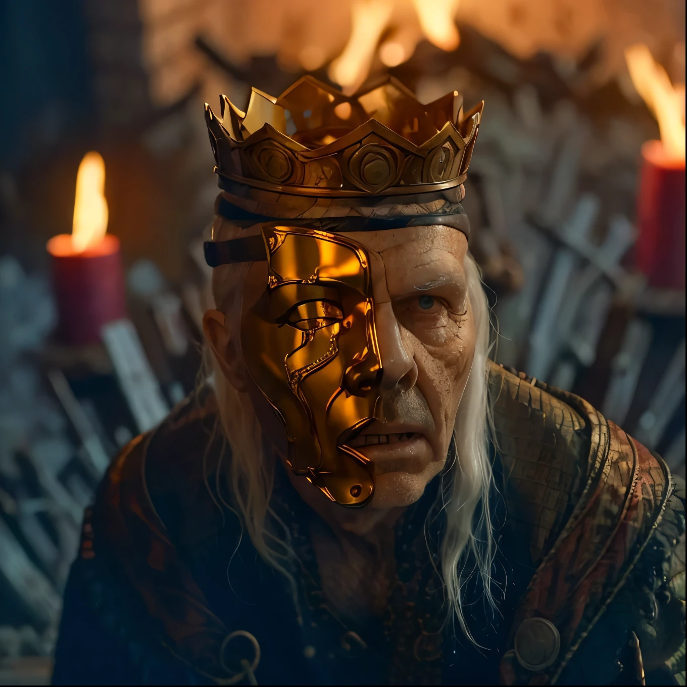 (masterpiece, best quality:1.2), (((1 Man, male))), (((Cinematic epic poster))) of Sick Viserys ,((old man 80 years old)), ((hotting face)), ((wearing a golden mask on half face, crown on her head)) Gothic style, (((detailed face))), (a detailed RAW photo of a ), (master part:1.0), (best quality:1.4), (Ultra Highres:1.2), (photorealistic:1.4), 8K resolution, Canon EOS R5, 50 millimeters, Absurd, Ultra Detailed, sharp focus, Cinematic lighting, detailed face, (ULZZANG-6500-V1.1), detailed skin texture, pale skin, chest round, (pale :0.5), Cinematic lighting. (((Abstract flame background, cinematic lighting )))