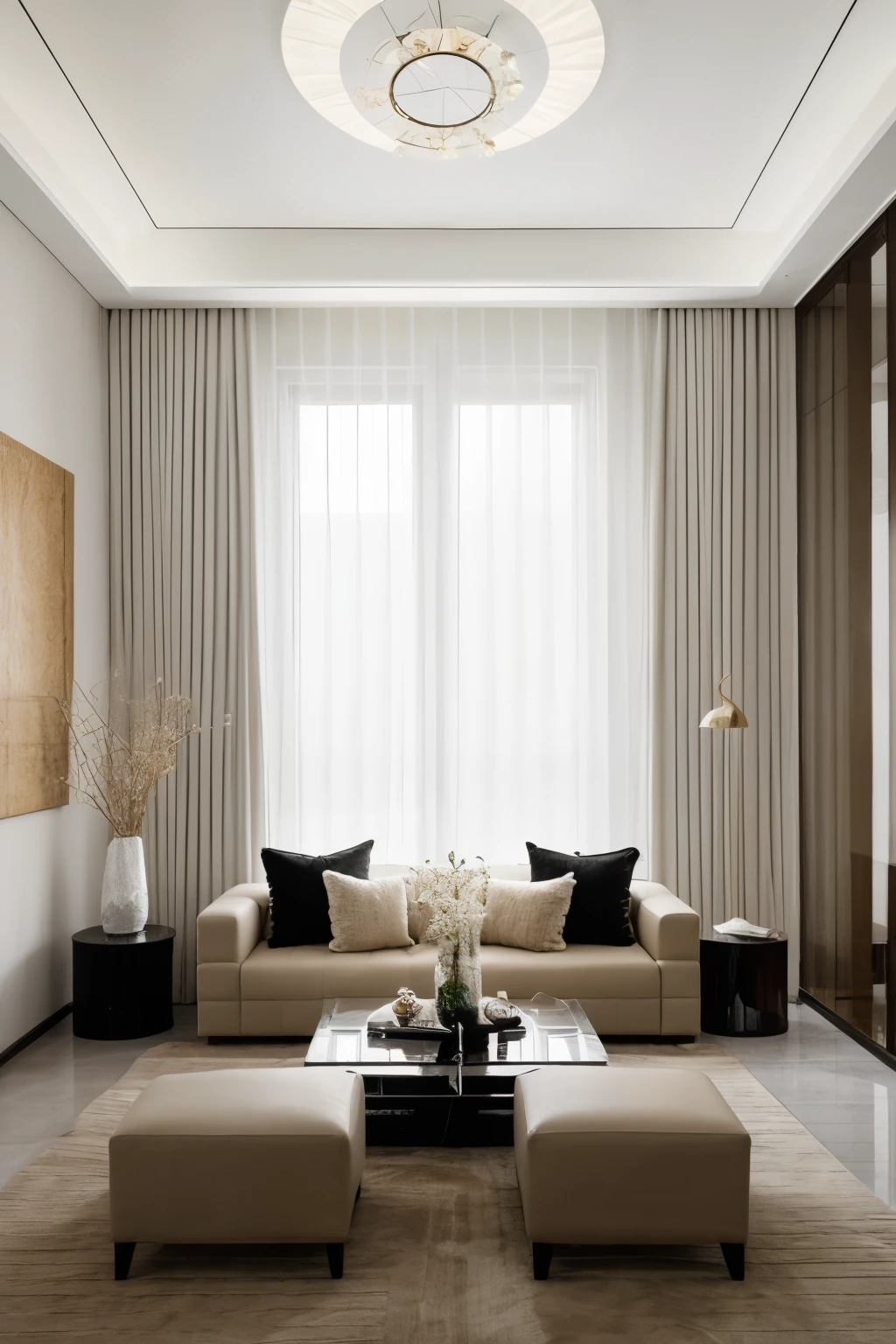 Hello, can you create an image of a room approximately 15 meters long and 30 meters long with white decorations and cream rattan accessories? ?