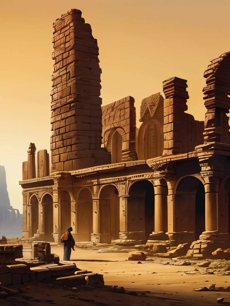 painting of a desert scene with a ruined building and a man walking, a matte painting by Michael Whelan, Artstation, romanticism, michael whelan and gustave done, michael whelan art, michael whelan and gustave dore, ruins landscape, dan mcpharlin, michael whelan and karol bak, marc simonetti. intricate, ancient ruins under the desert, ancient ruins