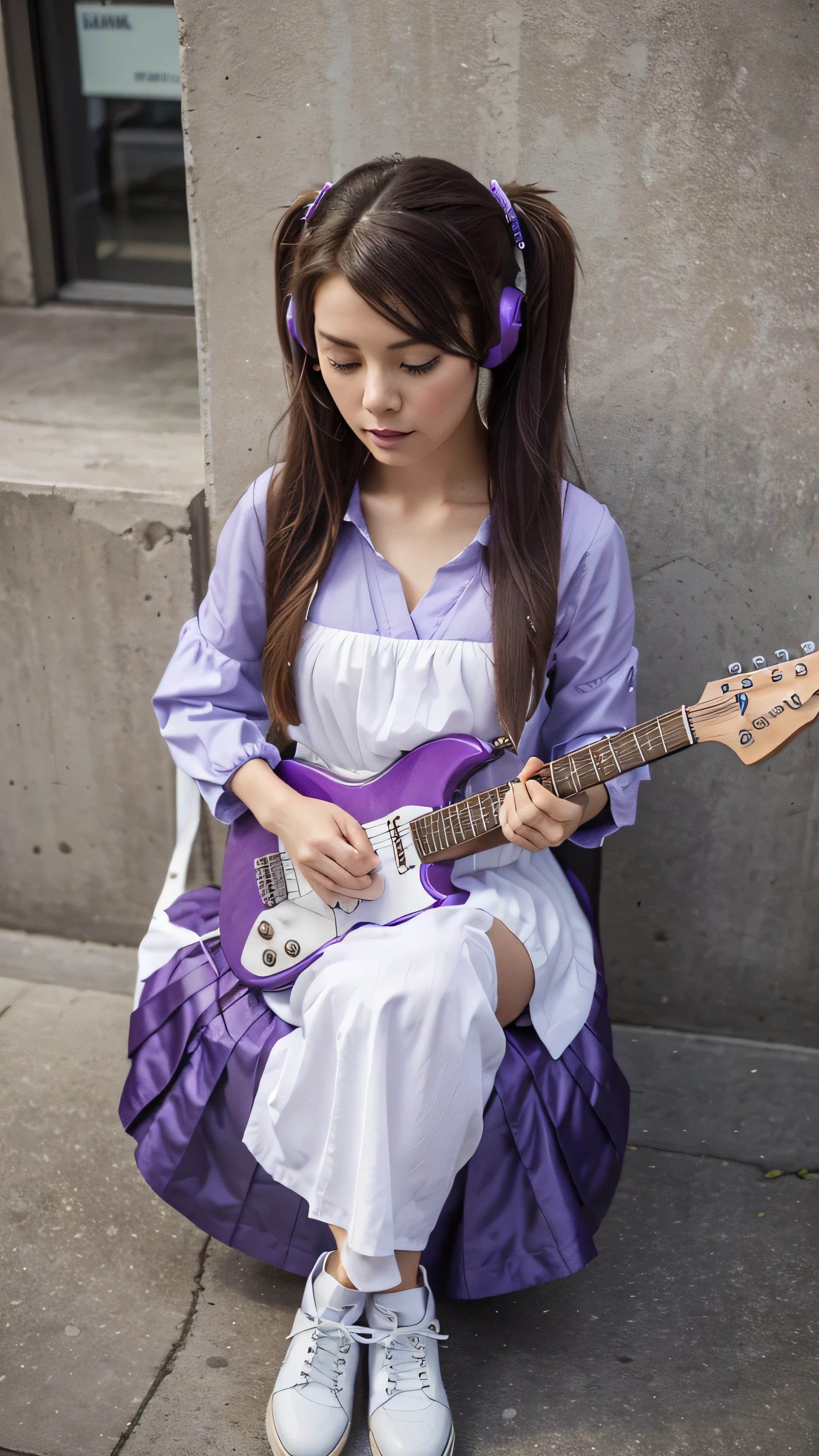 ((masterpiece, best quality))1girl, solo, fashion purple dress modern future, electric guitar, headphones, ponytail, holding, holding plectrum, instrument, very very long brown hair rapunzel, music, one side up, teal hair, twin tails, playing guiter, pleated long skirt fashion, fashion dress modern purple and white, interior, full body, purple, sit down in retro classic chair, walking, jumping, beautiful boot modern, background japan city, fashion costume cosplay japan modern