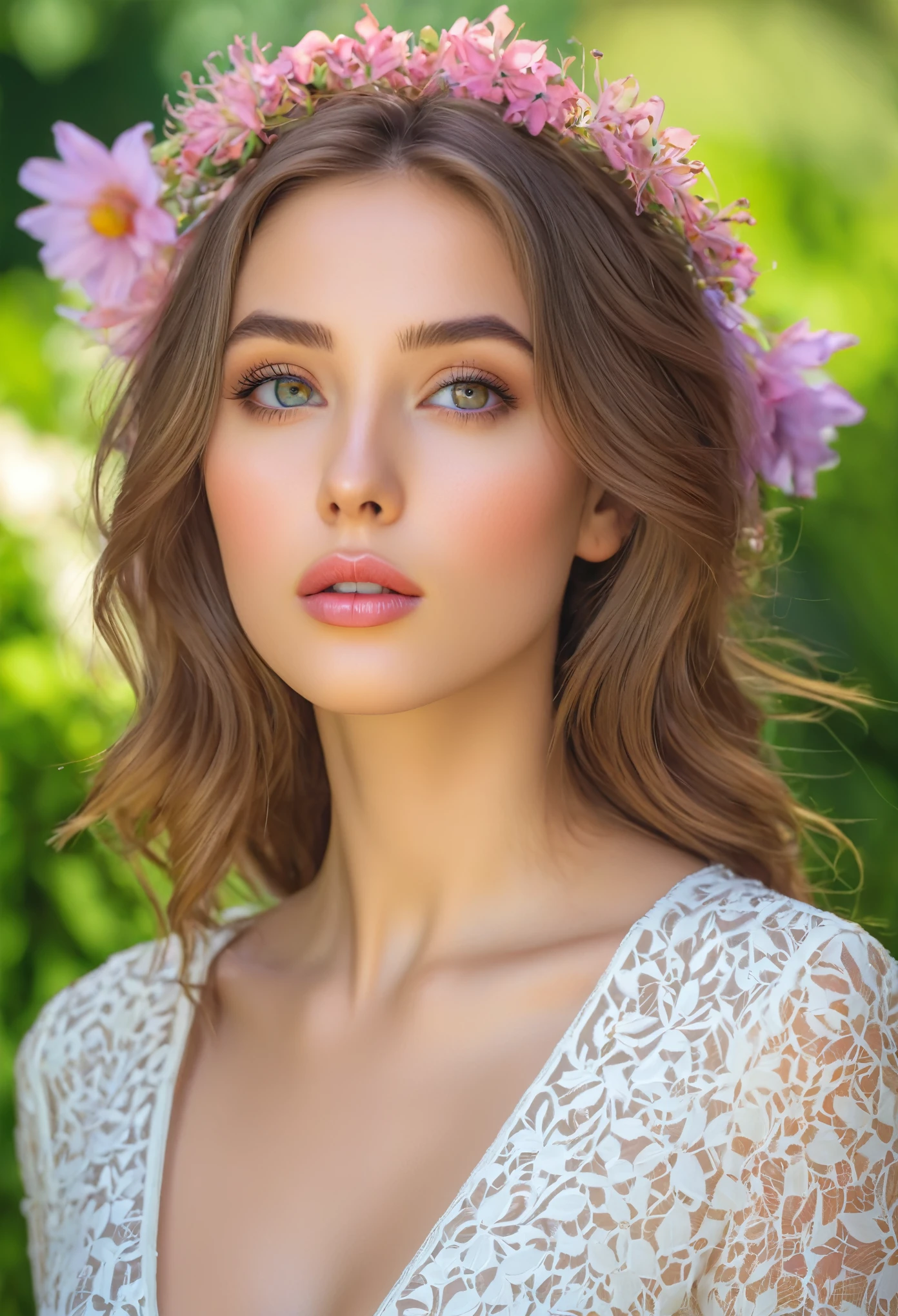 (Best quality,ultra-detailed,photorealistic),jeune femme,beaux yeux,Detailed lips,Expression pensive,soft lighting,couleurs vives,peau douce,cheveux longs et flottants,elegant outfit,fond de jardin,colorful flowers,natural sunlight,serene atmosphere