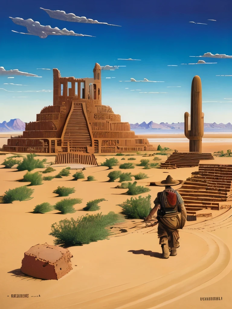painting of a desert scene with a ruined building and a man walking, michael whelan and gustave done, by Michael Whelan, by Peter Gric, michael whelan art, michael whelan and gustave dore, by Johfra Bosschart, by Alexander Kucharsky, inspired by Michael Whelan, ruins landscape, dan mcpharlin, michael whelan and karol bak, by Raphael Lacoste