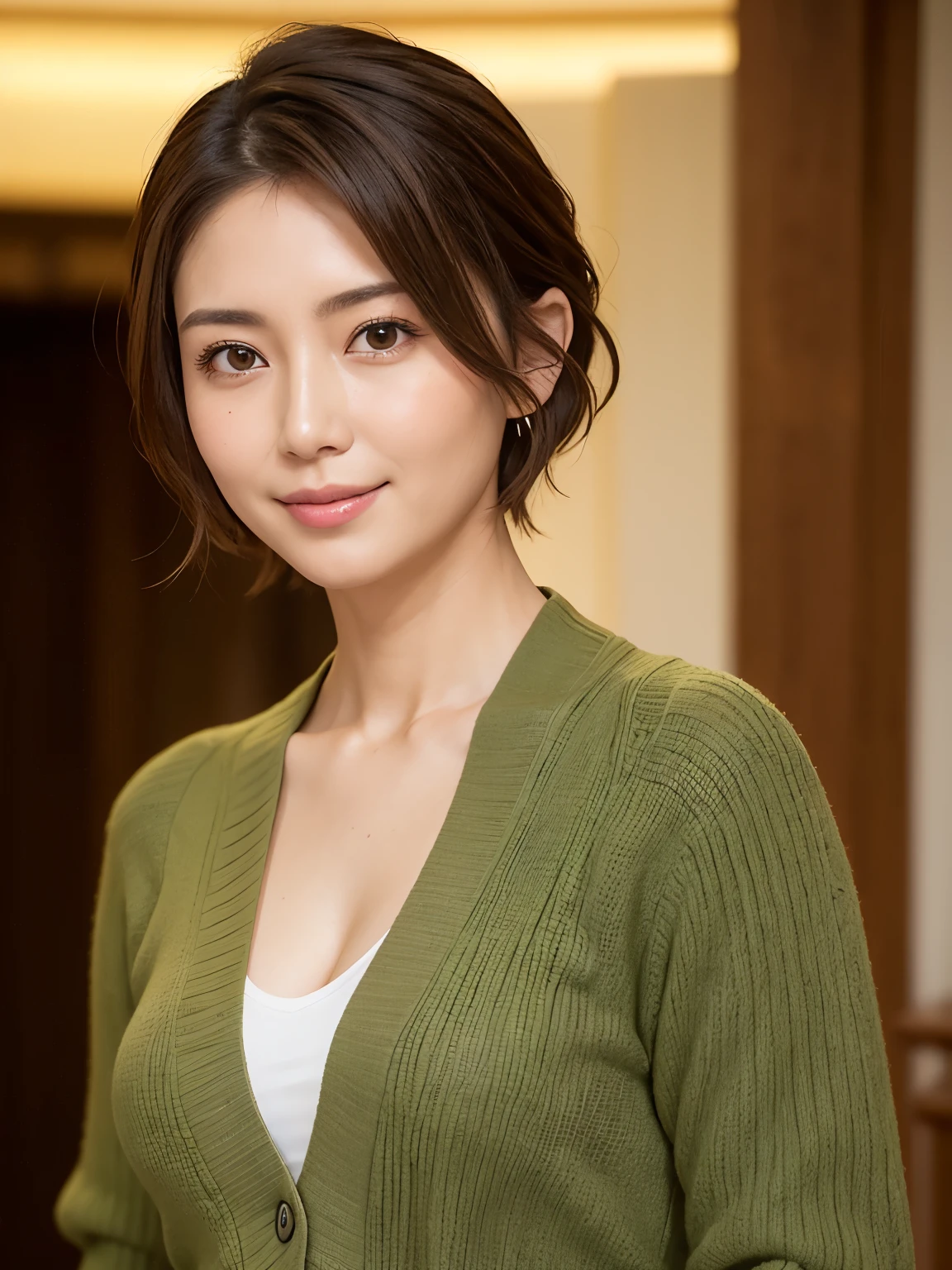 8k, highest quality, masterpiece, Realistic, Photorealistic, Ultra-detailed, Natural light, 非常にDetailed faceと肌, Detailed eyes, 非常にDetailed faceと肌の中間ショット, Beautiful woman looking at the camera, Sexy pose, Beautiful Face, Realistic Face, Detailed face, Beautiful Hairstyles, (short hair), Realistic eyes, Fine grain, Realistic Skin, Detailed skin, Beautiful Skin, Charm, 超Realistic, Sexy moss green cardigan, Cleavage, kind, Brown Hair, Cute Japanese Girl, whole body