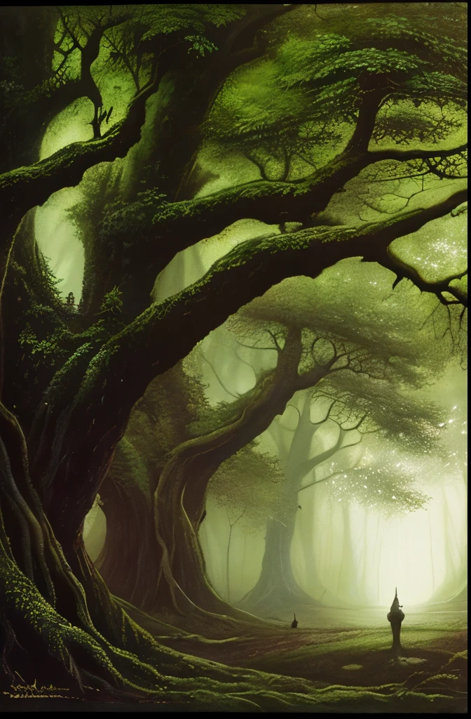 there are two birds that are sitting on a tree, dark fantasy art, dark fantasy mixed with realism, dark fantasy forest, by John Howe, fantasy dark art, painting by john howe, concept art of a dark forest, dark fantasy setting, creepy forest, # mist # horror # magic # spell, southern gothic art, of an evil tree wizard, creepy!!
