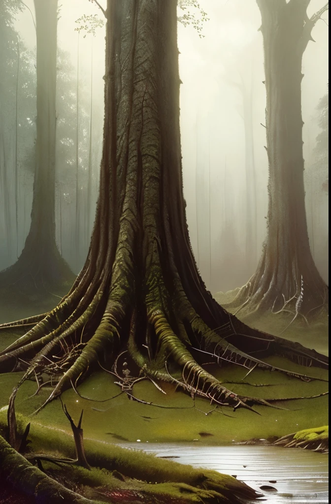 there are two birds that are sitting on a tree, a matte painting by John Howe, trending on cgsociety, gothic art, dark fantasy art, dark fantasy mixed with realism, dark fantasy forest, fantasy dark art, painting by john howe, concept art of a dark forest, dark fantasy setting, creepy forest, # mist # horror # magic # spell, southern gothic art