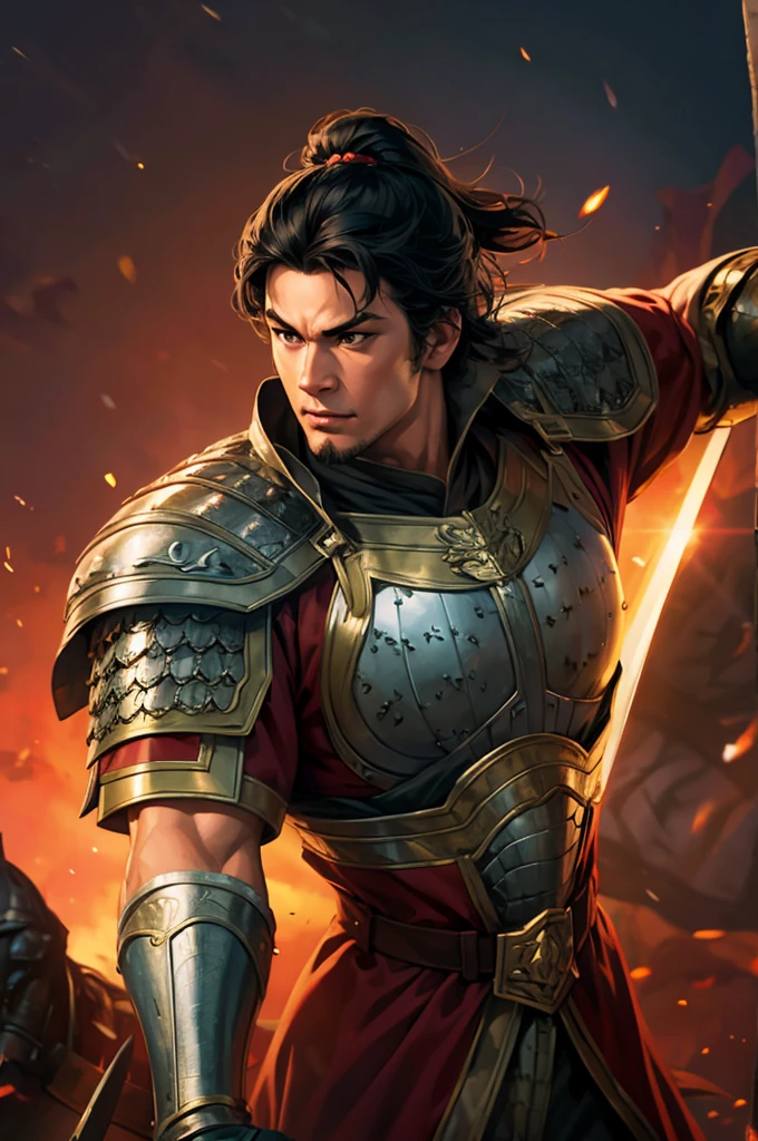 8K,knight with sword,Gorgeous extra large armor(The elaborately crafted coat of arms of a nobleman),classy pants,ultra high resolution,surreal,realistic skin,Black hair short hair,big red eyes,muscular body,Purfluz,background,battlefield,waist armor,delicate hands, Perfect hand shape, character art,Battle scenes,action scene,action pose,masterpiece,Realistic RAW photos of the highest quality。bright colors,rich colors, backlight, movie lights, film grain, born, 50mm lens, Nikon D850,realistic skin,fantasy art,character art,ultra high resolution,realistic scale skin,forage,laugh,dynamic pose,action pose,holding it for a long time, bayonet, Male 1