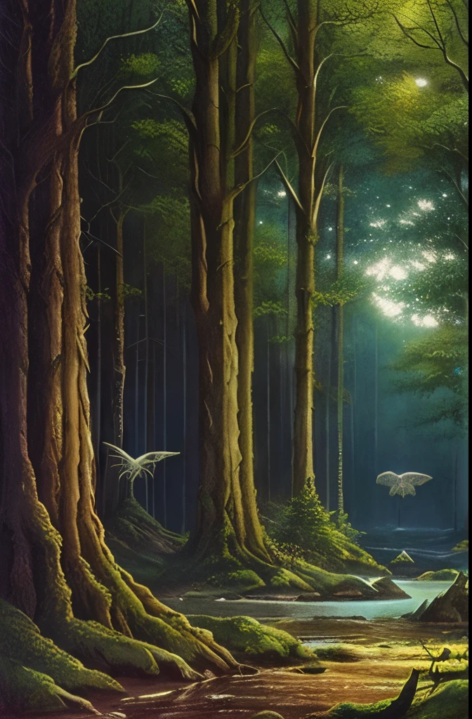 there are two birds that are sitting on a tree, dark fantasy art, dark fantasy mixed with realism, dark fantasy forest, by John Howe, fantasy dark art, painting by john howe, concept art of a dark forest, dark fantasy setting, creepy forest, # mist # horror # magic # spell, southern gothic art, of an evil tree wizard, creepy!!