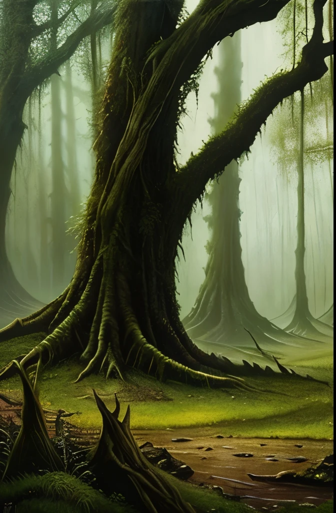 there are two birds that are sitting on a tree, dark fantasy art, dark fantasy mixed with realism, dark fantasy forest, by John Howe, fantasy dark art, painting by john howe, concept art of a dark forest, dark fantasy setting, creepy forest, # mist # horror # magic # spell, southern gothic art, of an evil tree wizard, creepy!!