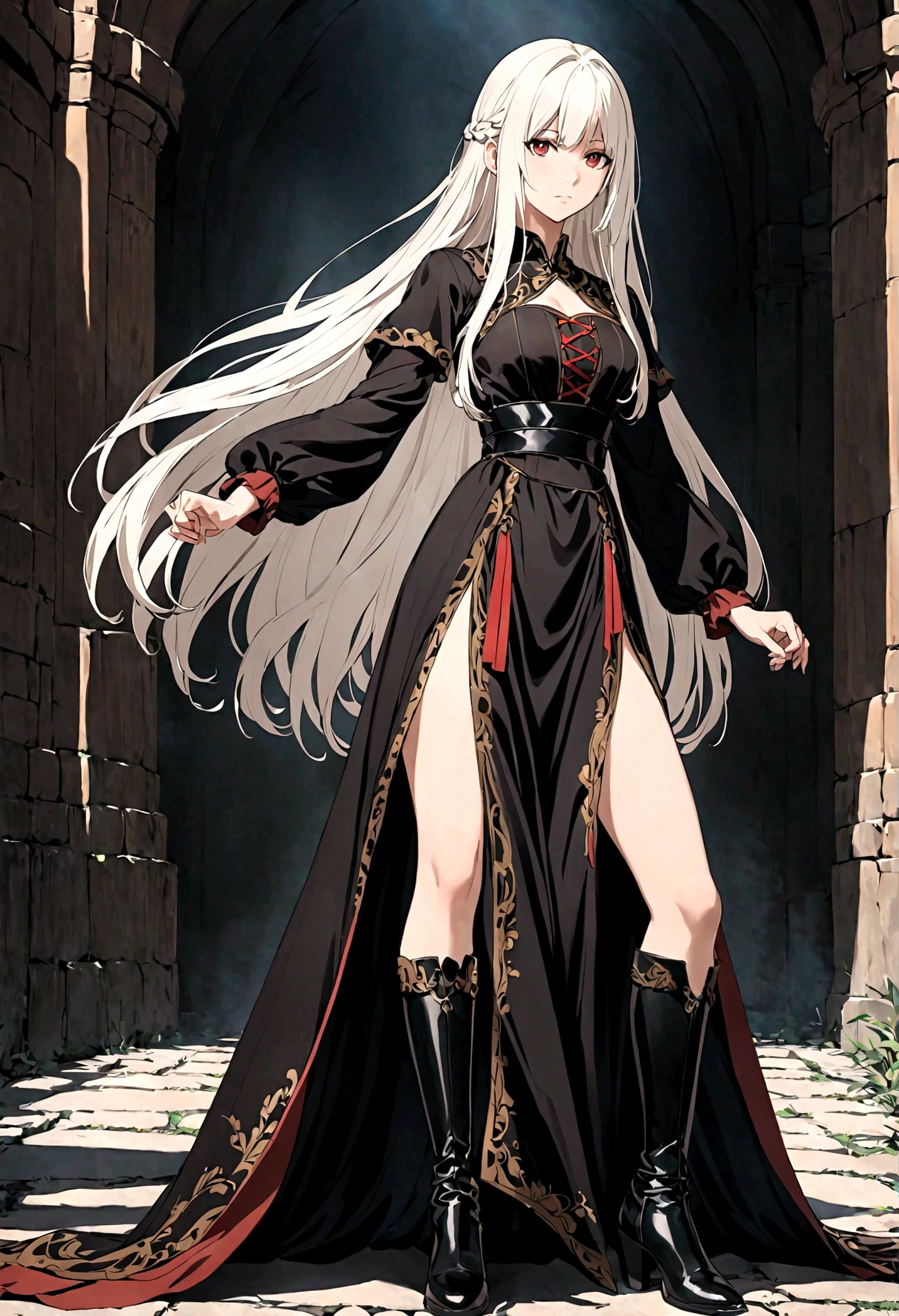 Girl, 20 years old, with long white hair down to below her waist, a serious yet tender expression, and red eyes. Her hair features black streaks. She wears antique-style clothing, a long black dress with a slit on the legs, and high black boots that almost reach her knees. Her power and background are related to shadows and darkness. dark escense, figth stance, detailed