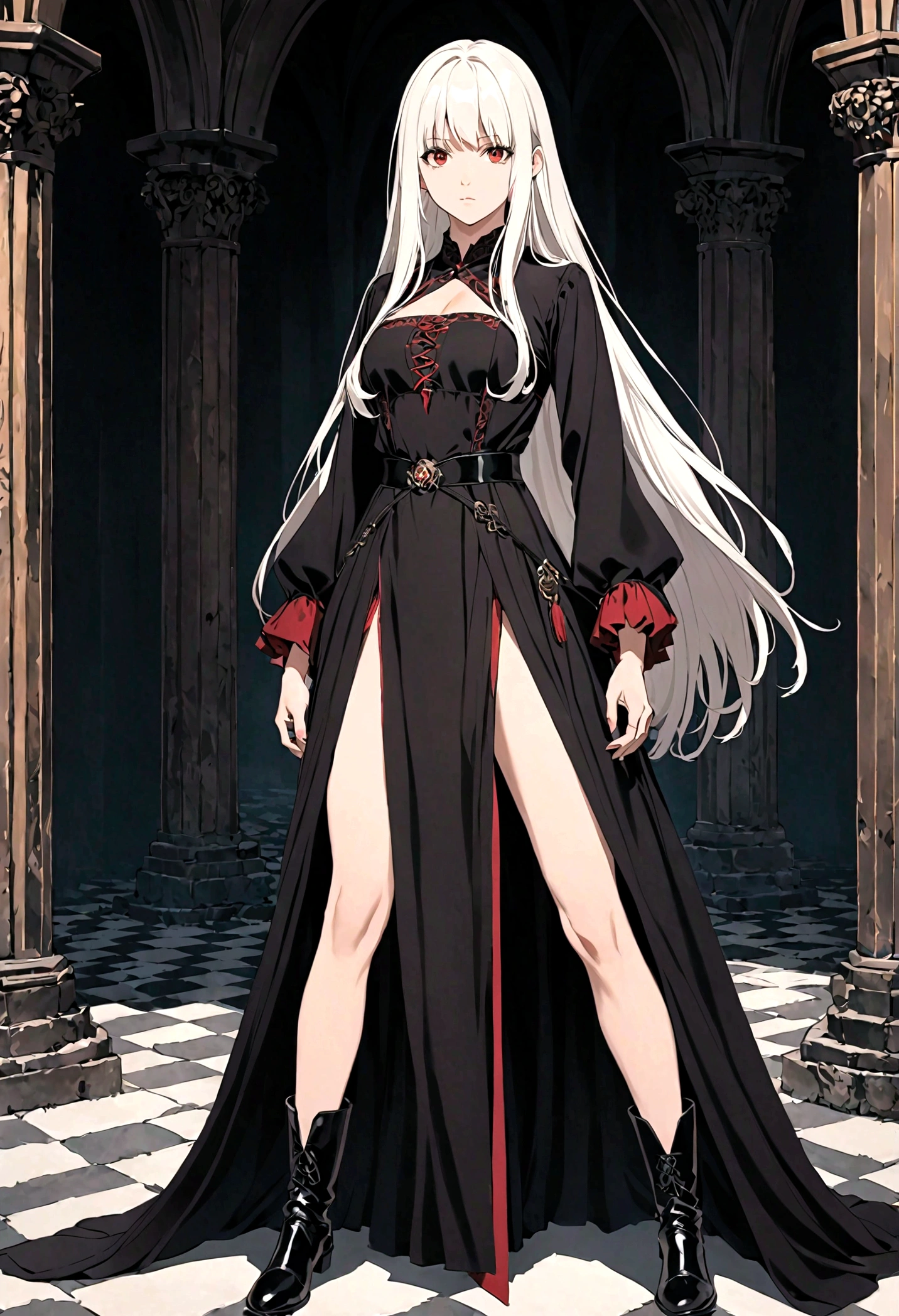 Girl, 20 years old, with long white hair down to below her waist, a serious yet tender expression, and red eyes. Her hair features black streaks. She wears antique-style clothing, a long black dress with a slit on the legs, and high black boots that almost reach her knees. Her power and background are related to shadows and darkness. dark escense, figth stance, detailed