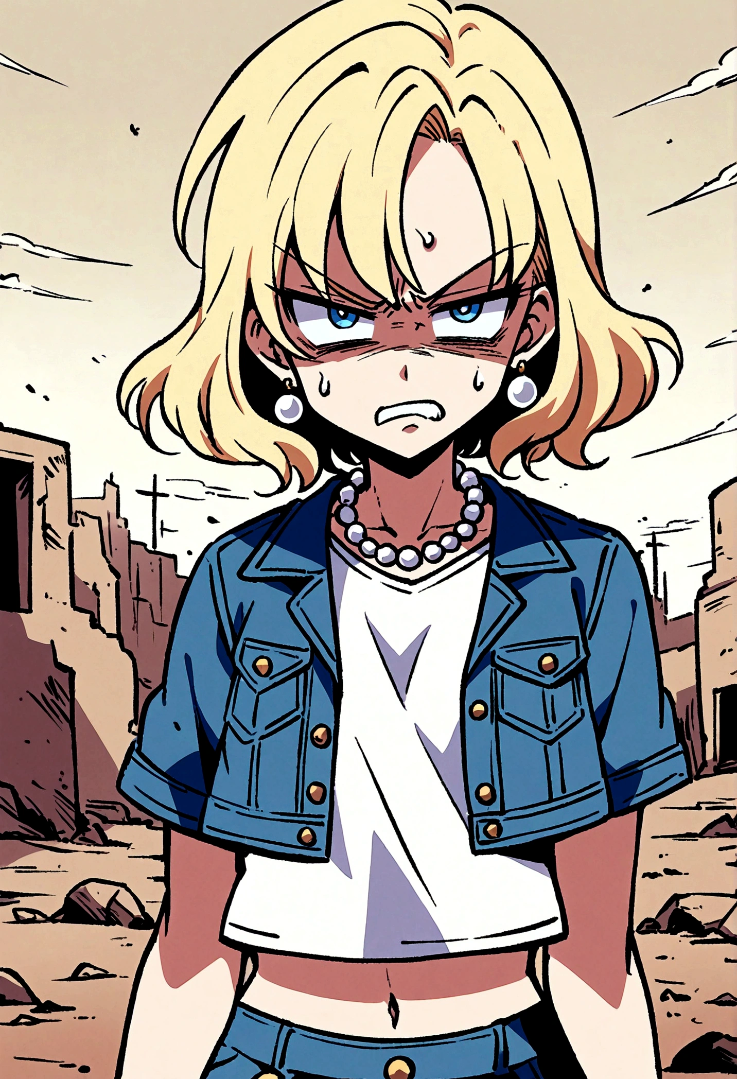 (Best Quality, Masterpiece, Anime Style, Akira Toriyama's Style: 1.1), 1 Girl, Solo, Upper Body, Blonde, Short Hair, Middle Bangs, Blue Eyes, (Contempt, Disgust, Shadowy Face, Looking at the Audience, Frowning), Earrings, Pearl Necklace, White Short Sleeve V-Neck T-Shirt with Blue Denim Cropped Jacket, Black JK Skirt, Over-the-Knee Socks, Wind, Outdoor, Wasteland