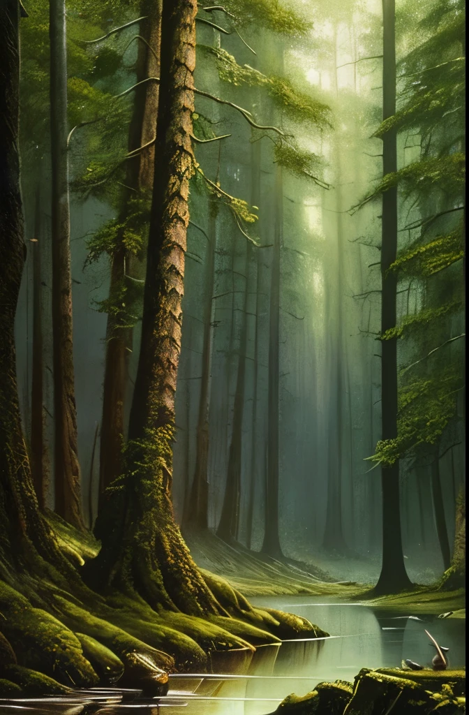 there are two birds that are sitting on a tree, a matte painting by John Howe, trending on cgsociety, gothic art, dark fantasy art, dark fantasy mixed with realism, dark fantasy forest, fantasy dark art, painting by john howe, concept art of a dark forest, dark fantasy setting, creepy forest, # mist # horror # magic # spell, southern gothic art
