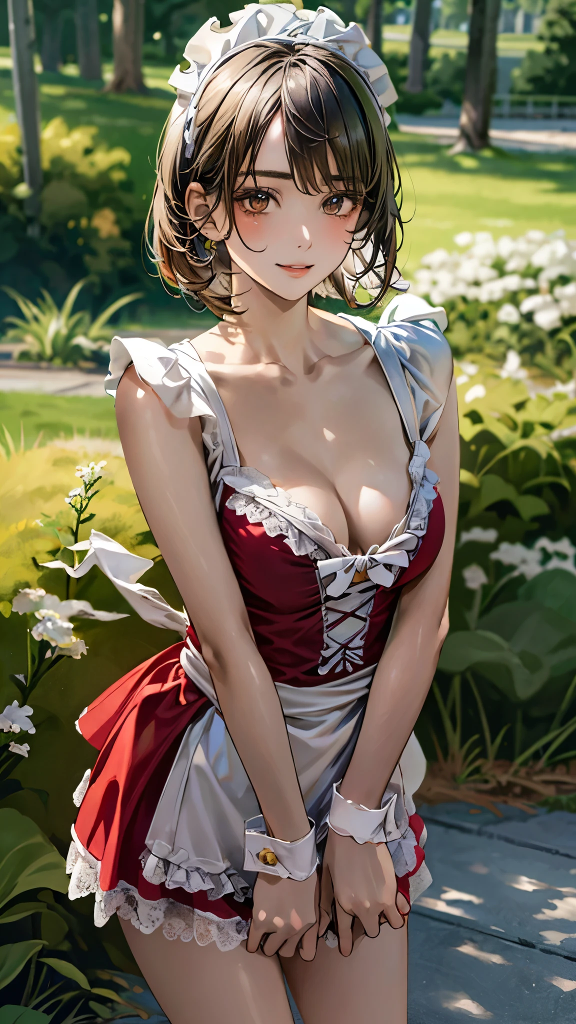 (masterpiece:1.3, top-quality, ultra high res, ultra detailed), (realistic, photorealistic:1.4), beautiful illustration, perfect lighting, natural lighting, colorful, depth of fields, ,
beautiful detailed hair, beautiful detailed face, beautiful detailed eyes, beautiful clavicle, beautiful body, beautiful chest, beautiful thigh, beautiful legs, beautiful fingers, shiny skin, 
looking at viewer, 1 girl, high school girl, (perfect anatomy, anatomically correct, super detailed skin), cute and symmetrical face, babyface, perfect face, perfect eyes, slender, 
(short hair, bob cut, black hair), swept bangs, bangs, brown eyes, big eyes, drooping eyes, long eye lasher, (medium breasts, seductive thighs), 
(red dress, maid headdress), 
(beautiful scenery), morning, (outdoors), standing, (lovely smile, parted lips),