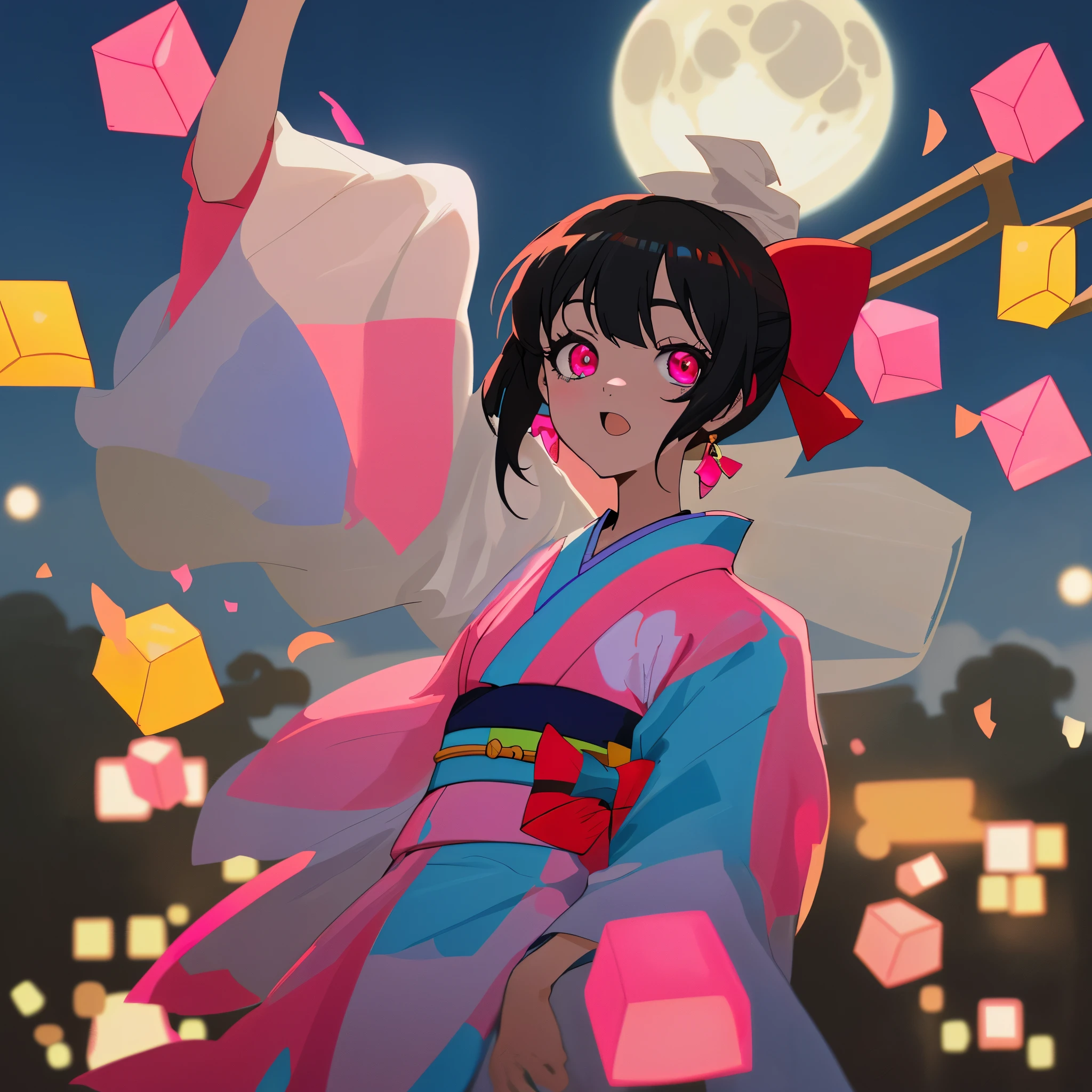una chica anime de ojos rojos, black hair with pink highlights with small hair bow with small blue and yellow cubes decoration on the bow, en el lado derecho de la cabeza. Ella viste un kimono de color rosa. Se encuentra en un festival de verano de noche, seeing in the background how the moon illuminates the place