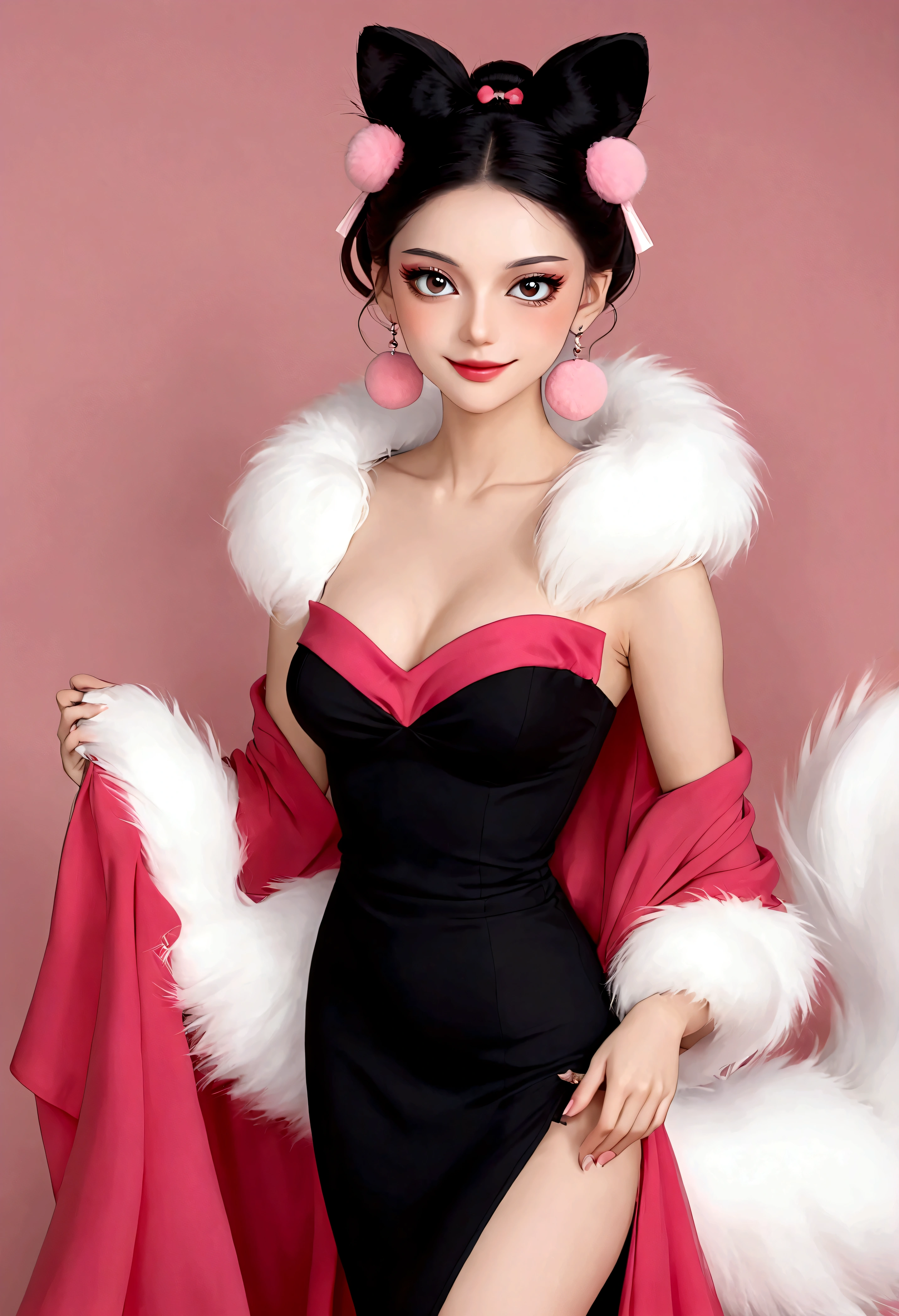 Noble and elegant girl，Beautiful face，beautiful eyes，Pink Eyeshadow，blush，Smile，(((1 big, fluffy tail)))，Black high bun，Pink pompom earrings，Sexy red tube top dress，Fur collar shawl