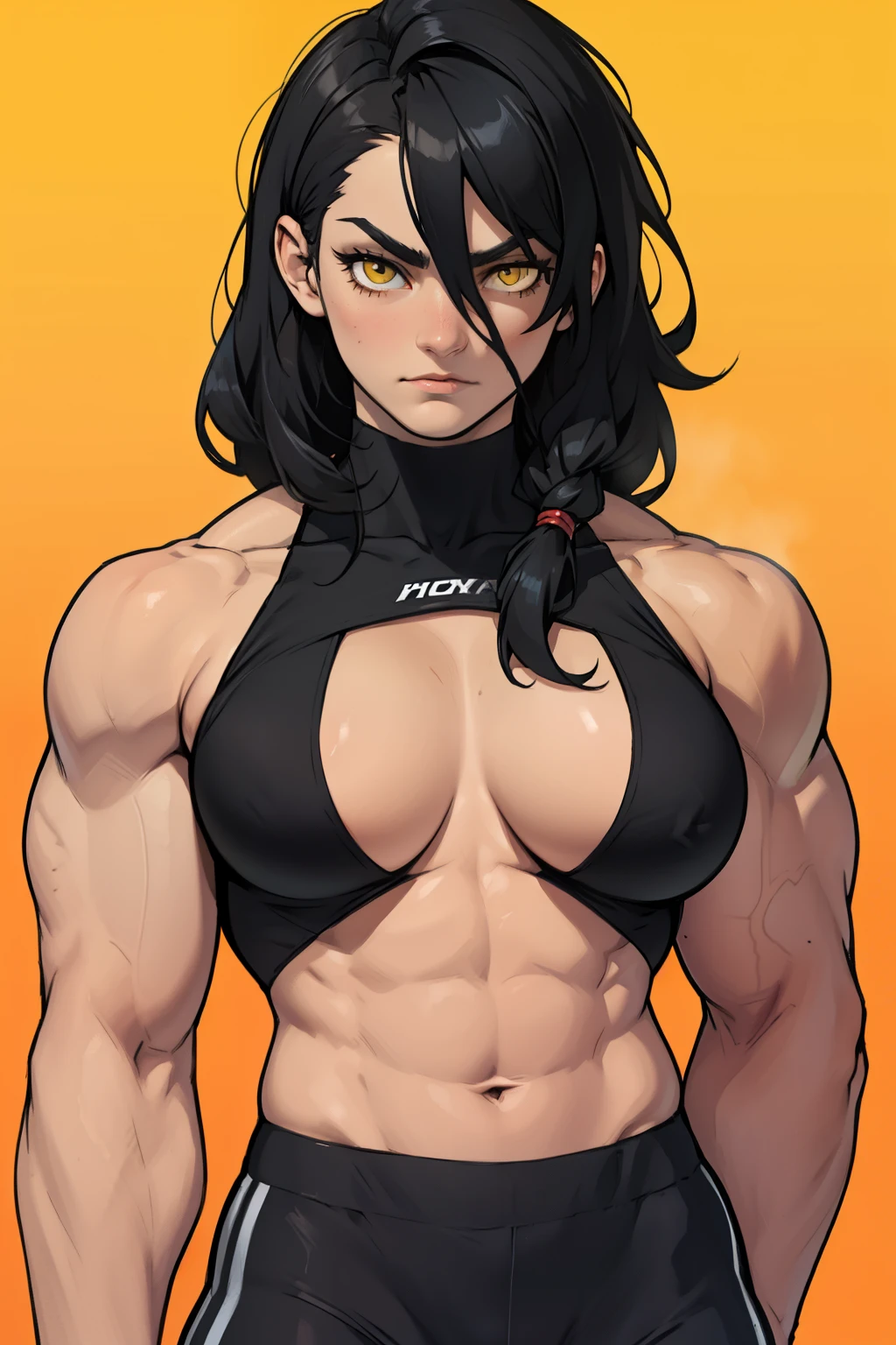 swole girl black hair yellow eyes pale skin disappointed anatomically correct breasts highest quality