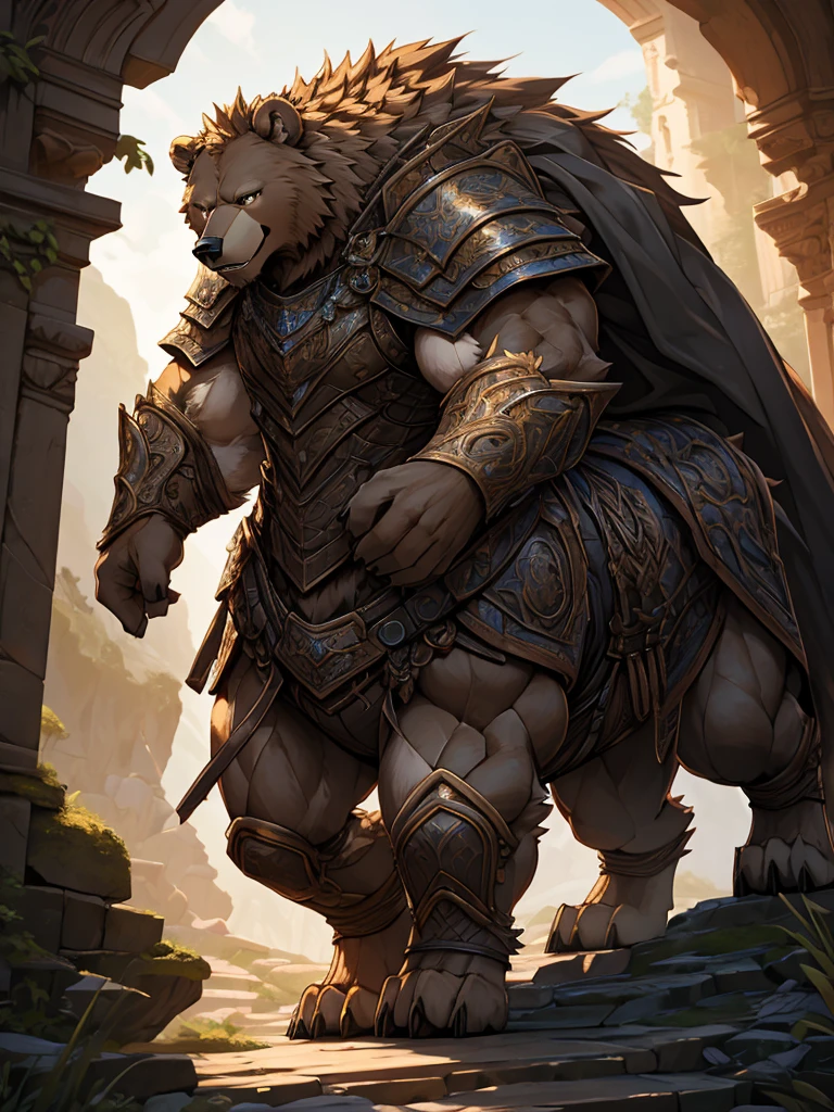 armored fur taur, armored fur, bear taur, quadruped, digitigrade, highly detailed, realistic, cinematic lighting, fantasy, (best quality,4k,8k,highres,masterpiece:1.2),ultra-detailed,(realistic,photorealistic,photo-realistic:1.37),intricate details, cinematic composition, dramatic atmosphere, volumetric lighting, detailed texture, muted tones, warm colors