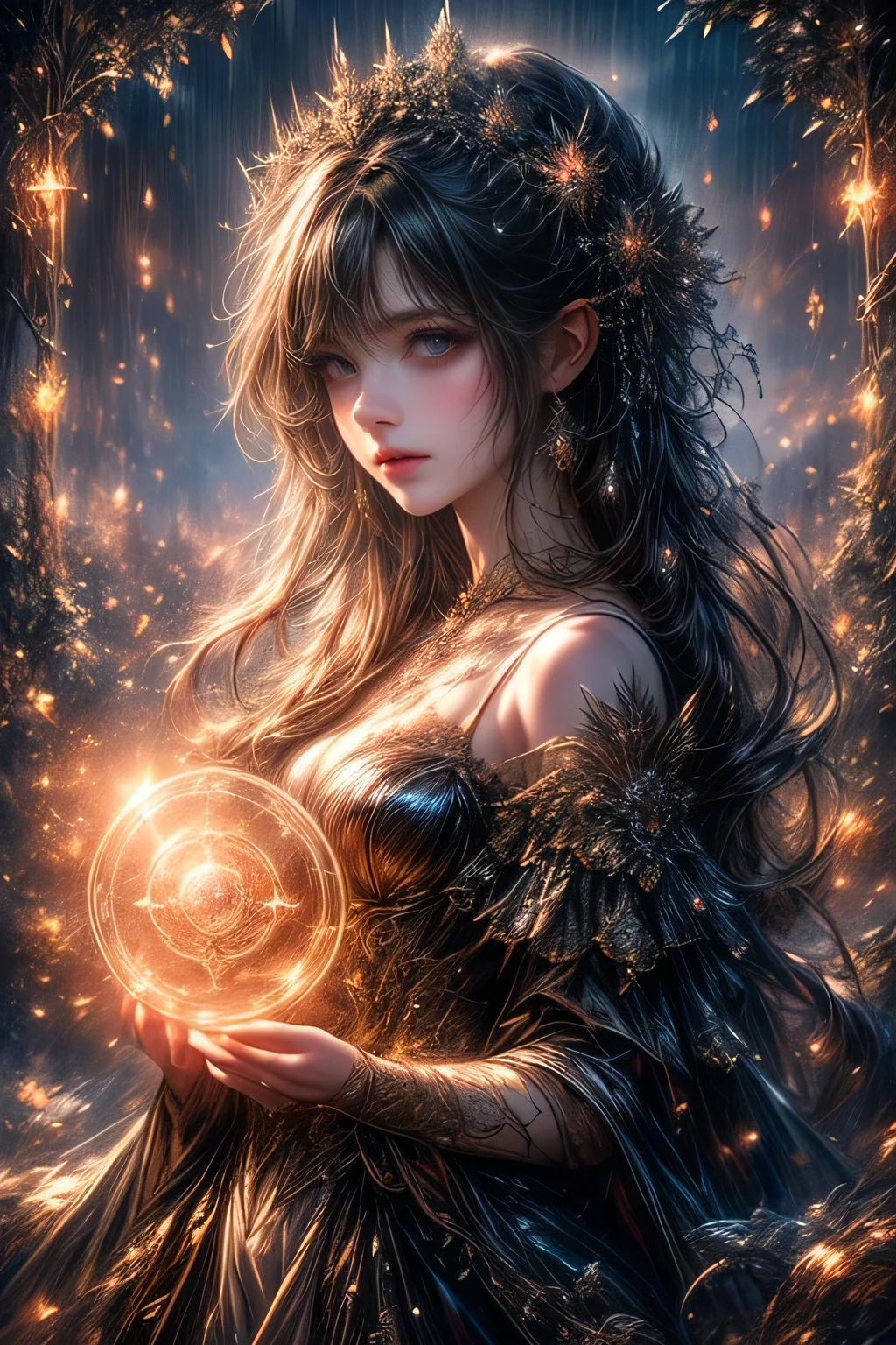 gothic style, Fantasic Illustration, Masterpiece: 1.2, Highest Quality, Highres, 16k, Beautiful Detailed, Ultra-Realistic, Photo Realistic: 1.37, Beautiful Cute witch girl with a magic wand, standing in the center of the magic circle and chanting a spell, growing eyes, shining pupils, blushed cheek, shiny rosy lips, wearing  magic garment bare shoulder, delicate beautiful (hair, face, eyes, pupils, long eyelash, magic circle), cinematic angle, magical fantasy, dark fantasy, dark gothic, dramatic lighting, dramatic background, cinematic atmosphere, intricate, digital art, concept art, aboveview