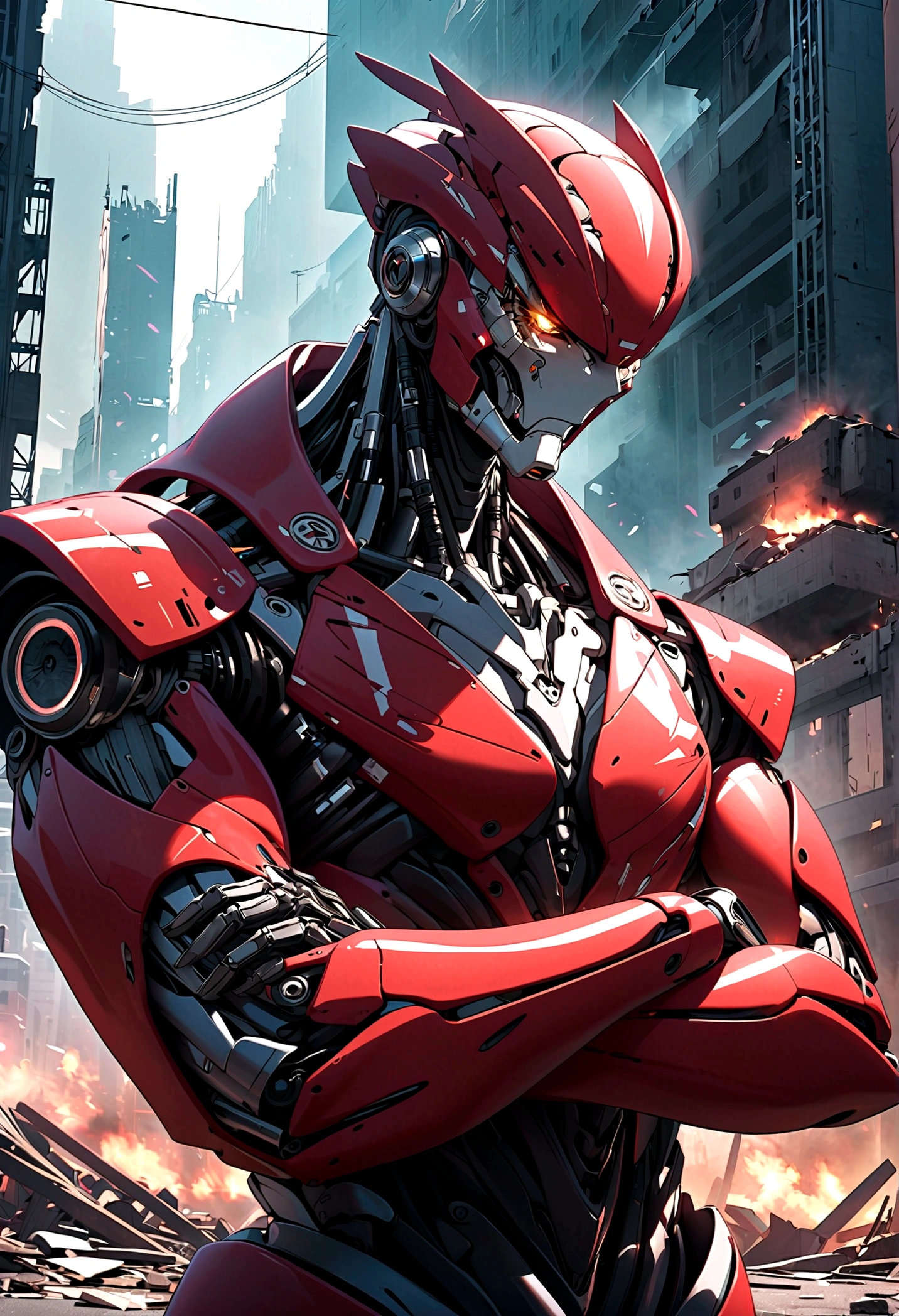 A Highly sophisticated robot, Crossed arms in front of a destroyed city, Disgusted look, angry, anger, The bionic body is full of futuristic elements.