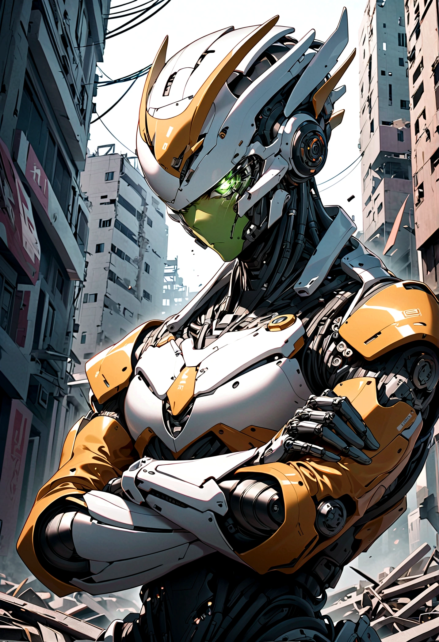 A Highly sophisticated robot, Crossed arms in front of a destroyed city, Disgusted look, angry, anger, The bionic body is full of futuristic elements.