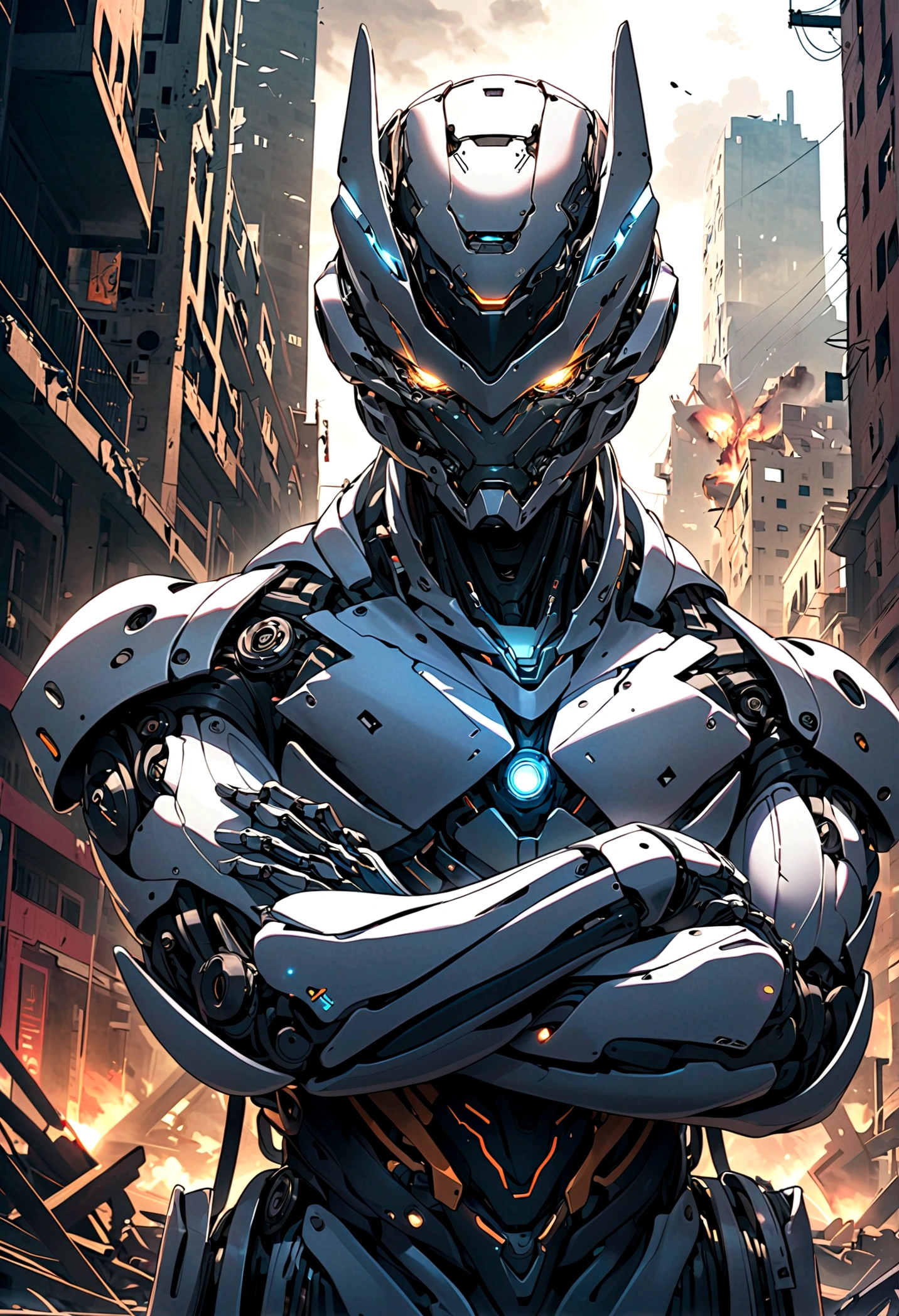 A Highly sophisticated robot, Crossed arms in front of a destroyed city, Disgusted look, angry, anger, The bionic body is full of futuristic elements.