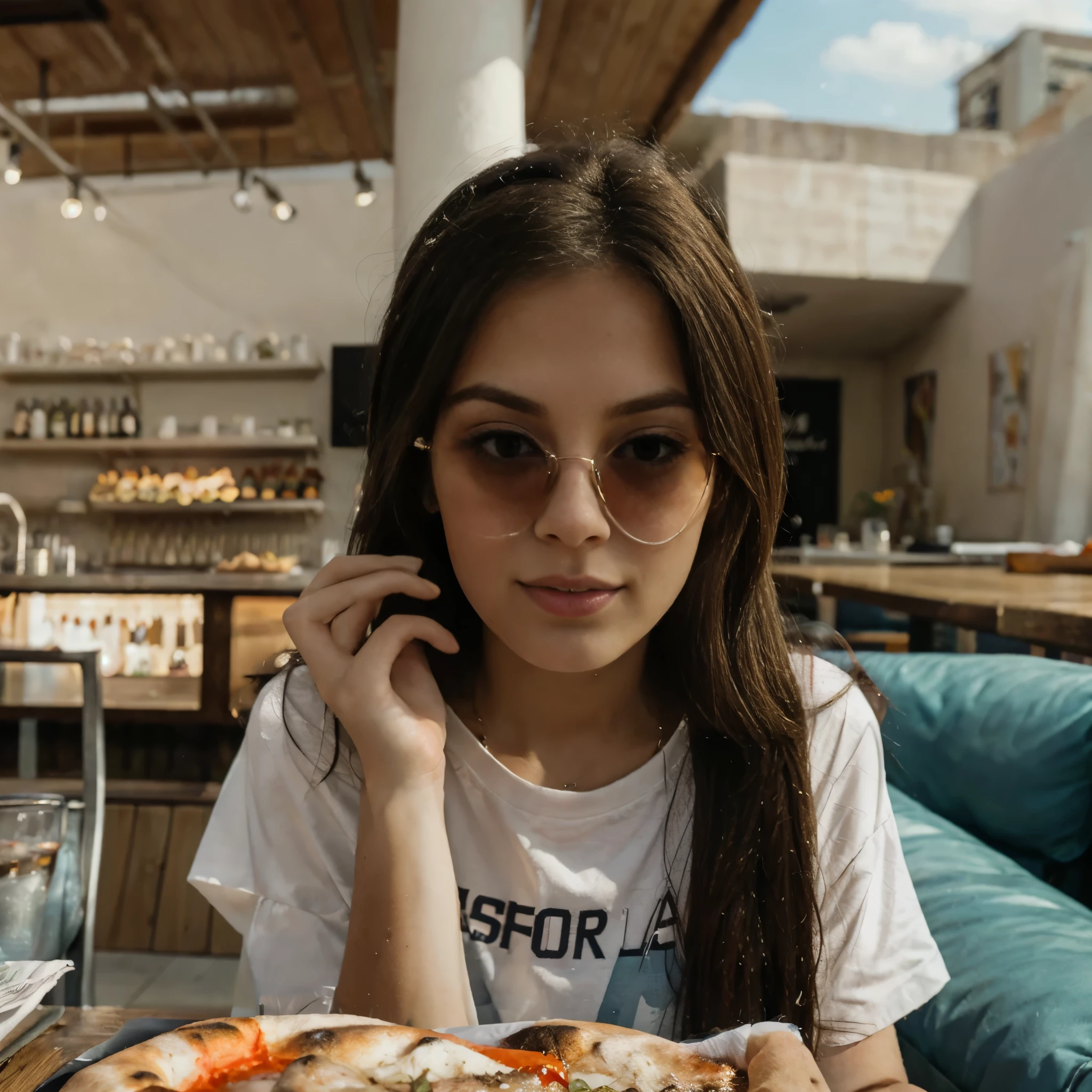 1girl wearing a white T-shirt and sunglasses eating a slice of pizza, a portrait, realism. Close-up view on pizza. Pizza on foreground. In a restaurant.