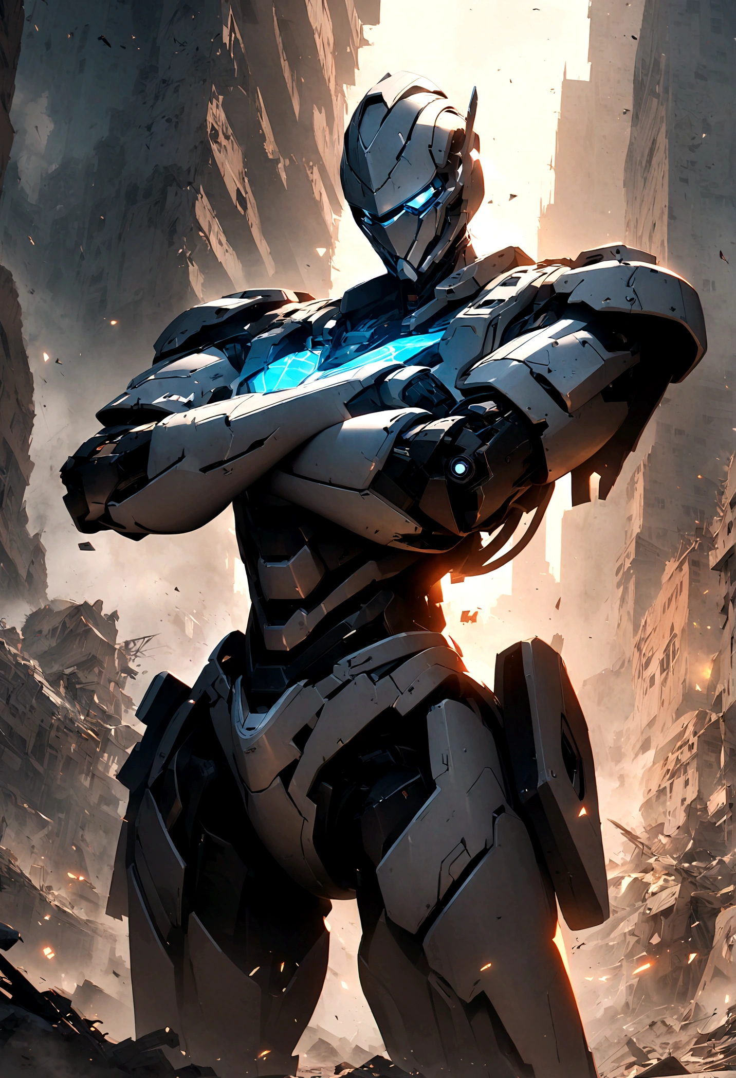 A Highly sophisticated robot, Crossed arms in front of a destroyed city, Disgusted look, angry, anger, The bionic body is full of futuristic elements.
