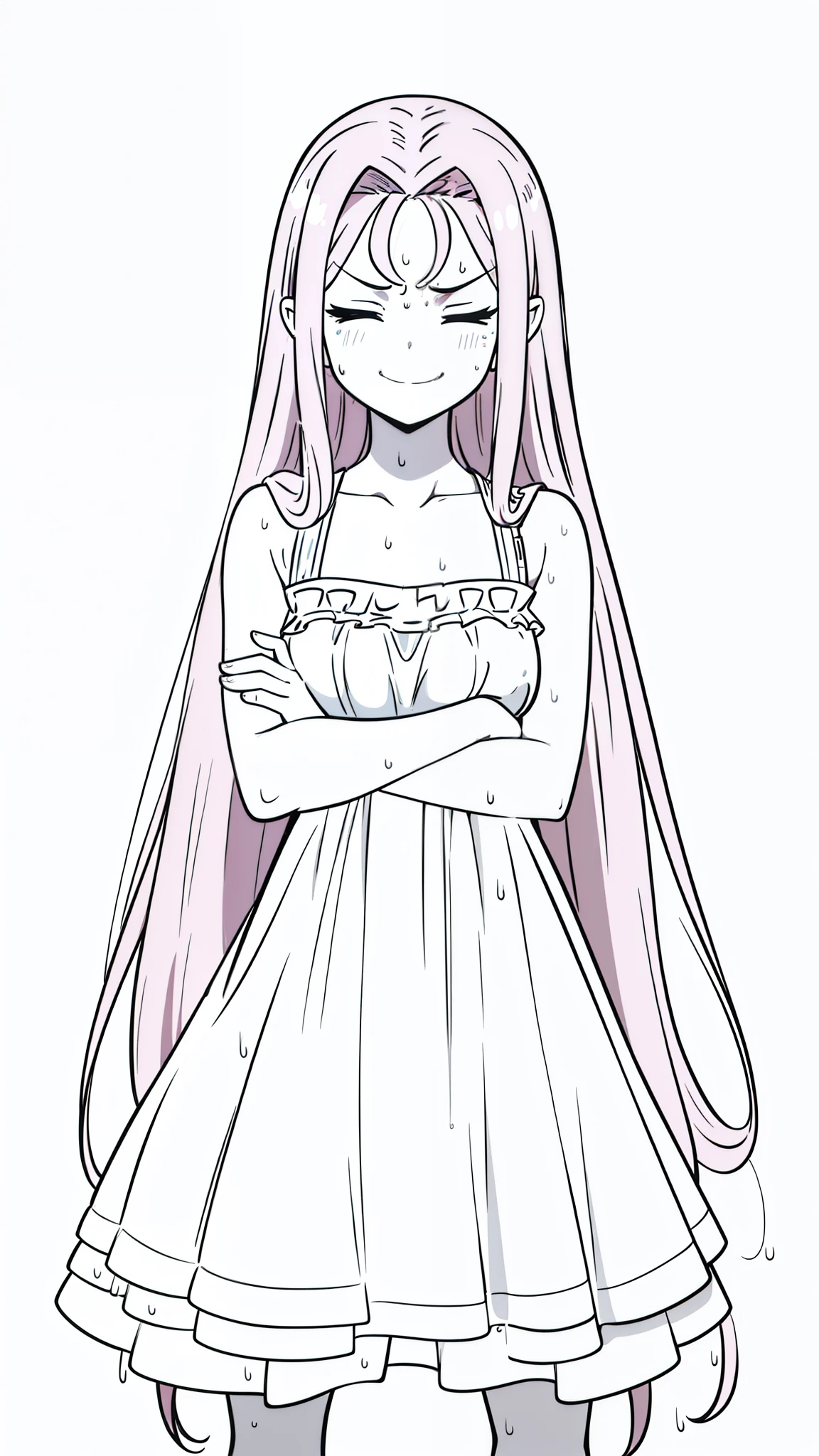 (1girl,12 years old,solo),pink hair,long hair,twintail,((medusa hair)),mini dress,sleeveless,(white background,line drawing),((wet,wet dress,wey hair,angry,smile)),from front,closed eyes,crossed arms,pov