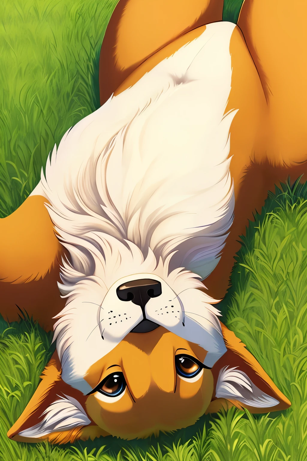 Medium close-up shot, a refined and exquisite image of a canine in repose, with a lush, emerald-hued grassy expanse serving as the backdrop. The canine's face is not visible, but its expressive eyes reflect a serene tranquility. The canine's body, sleek and athletic, is well-proportioned with correct anatomy, laying flat on its back, evoking a playful and carefree demeanor. The canine wears no collar, but sporting a free-flowing mane that shimmers in the soft sunlight. The manicured grass beneath the canine is adorned with
